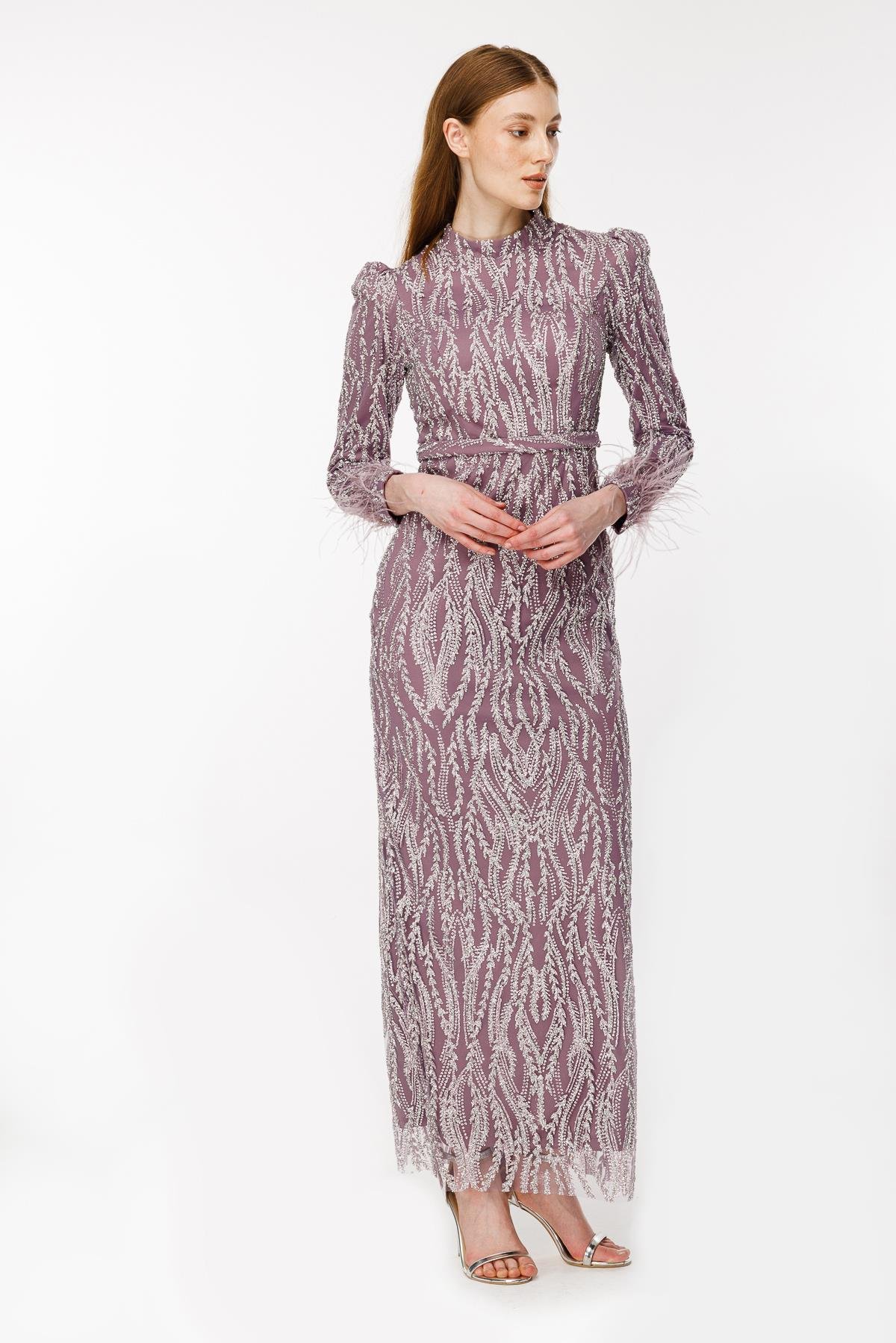 Otriş Detaylı Simli Kalem Abiye - LILA