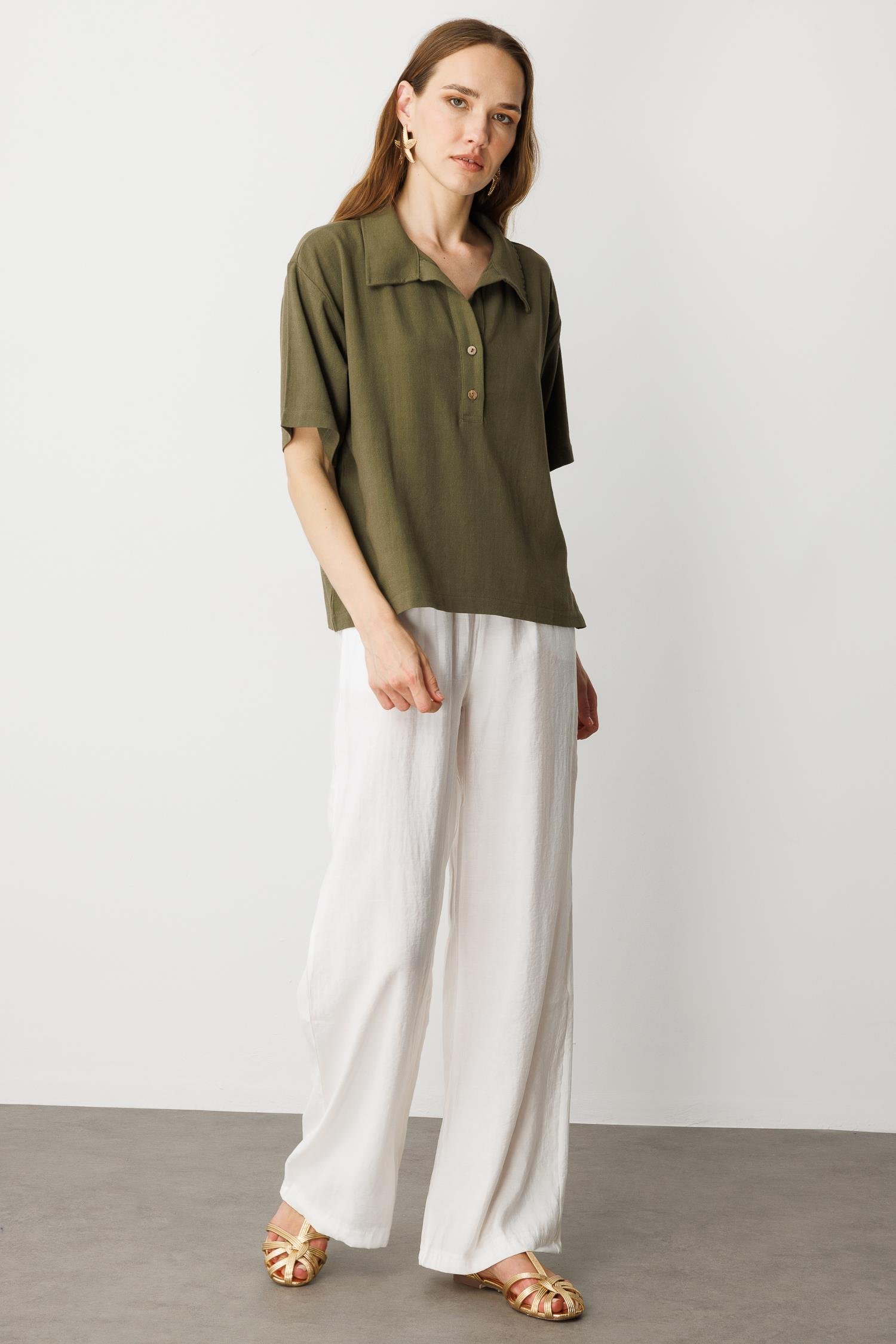 Oversize Pamuklu Keten Bluz-HAKİ