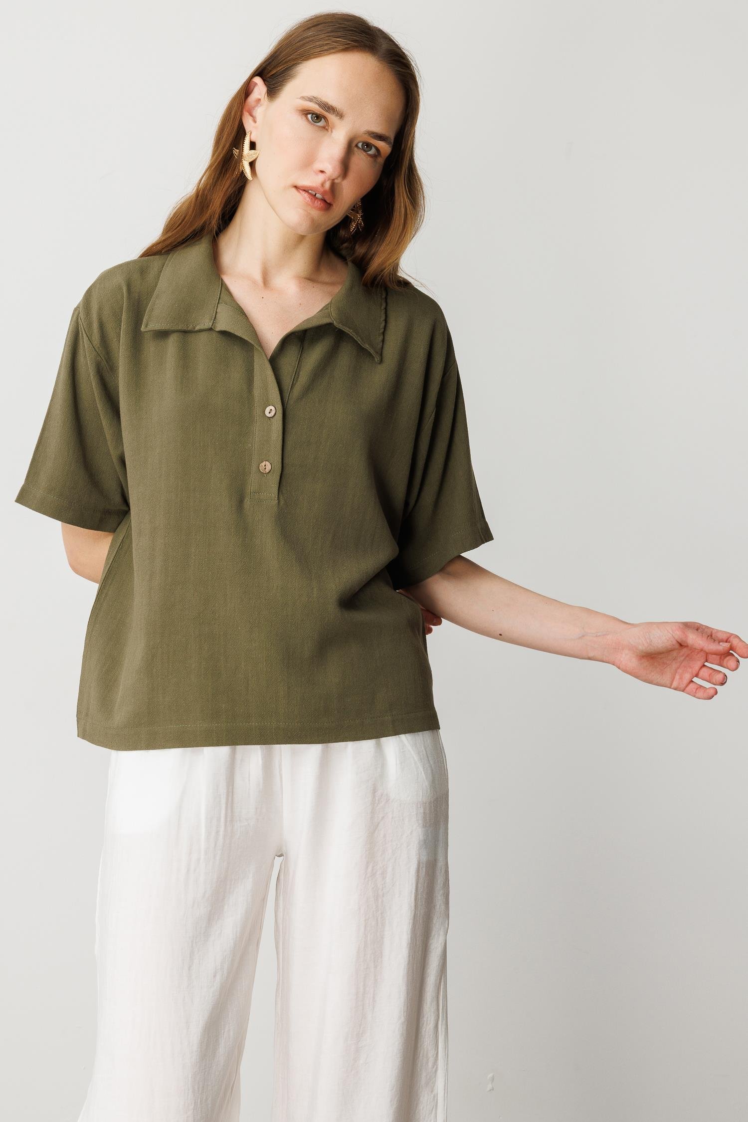 Oversize Pamuklu Keten Bluz-HAKİ