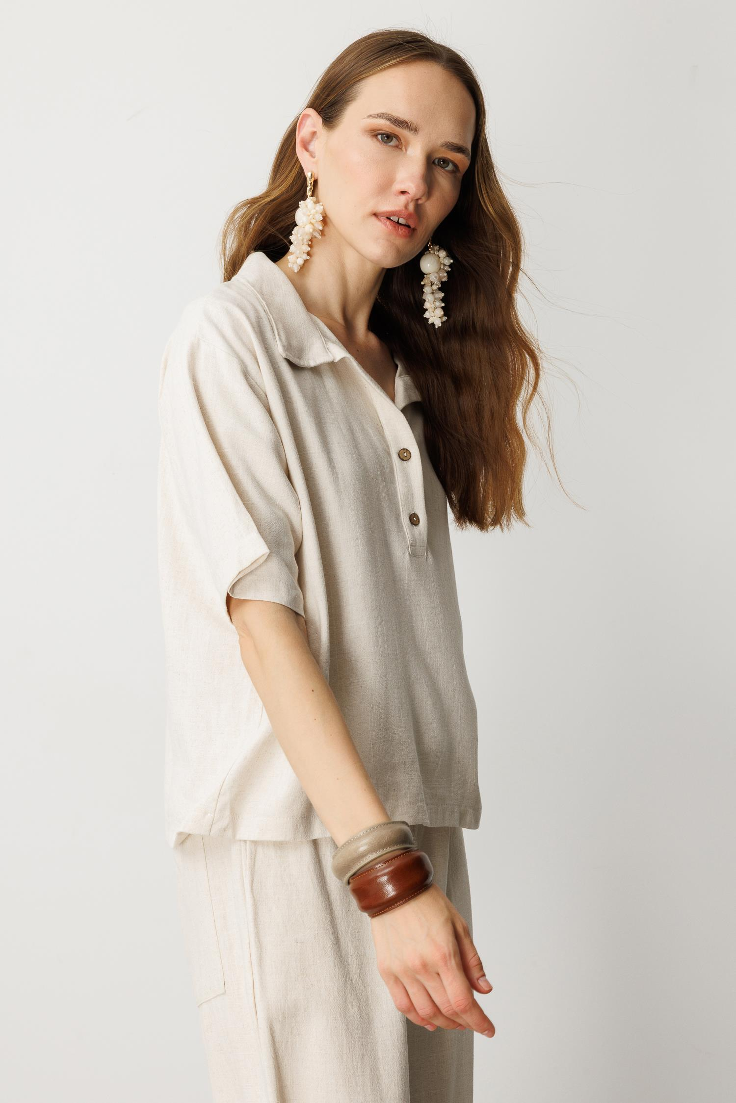 Oversize Pamuklu Keten Bluz-KREM