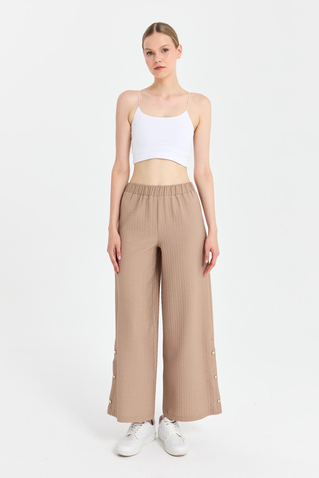 Paçası Düğme Detaylı Bol Paça Pantolon - VİZON