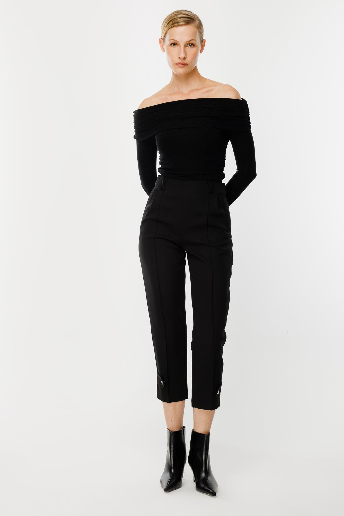 Paçası Düğme Detaylı Pantolon - SİYAH