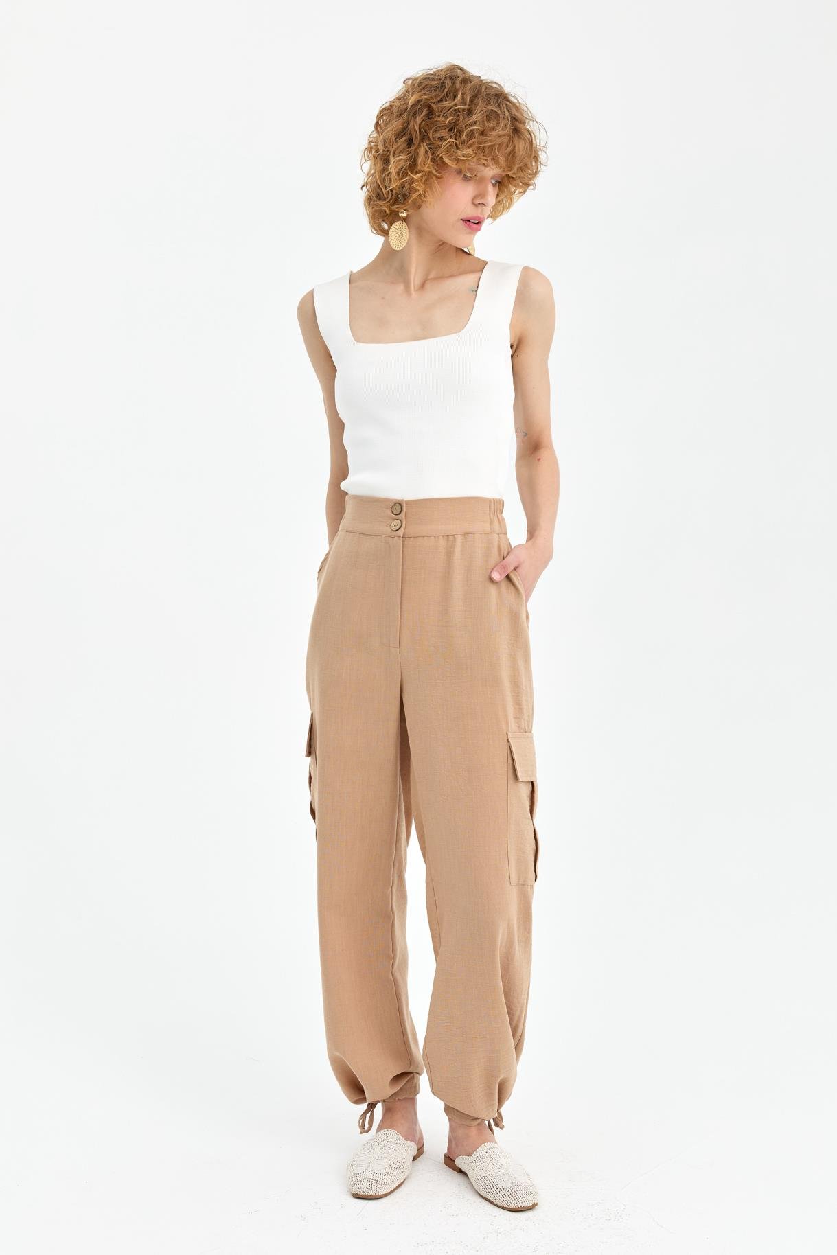 Paçası İp Detaylı Cepli Keten Pantolon - CAMEL