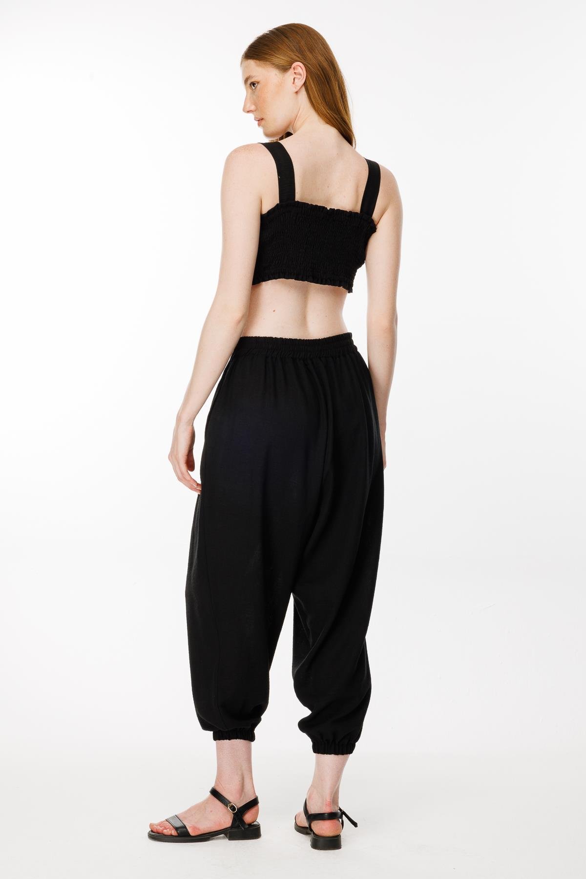 Paçası Lastikli Keten Şalvar Pantolon - SİYAH