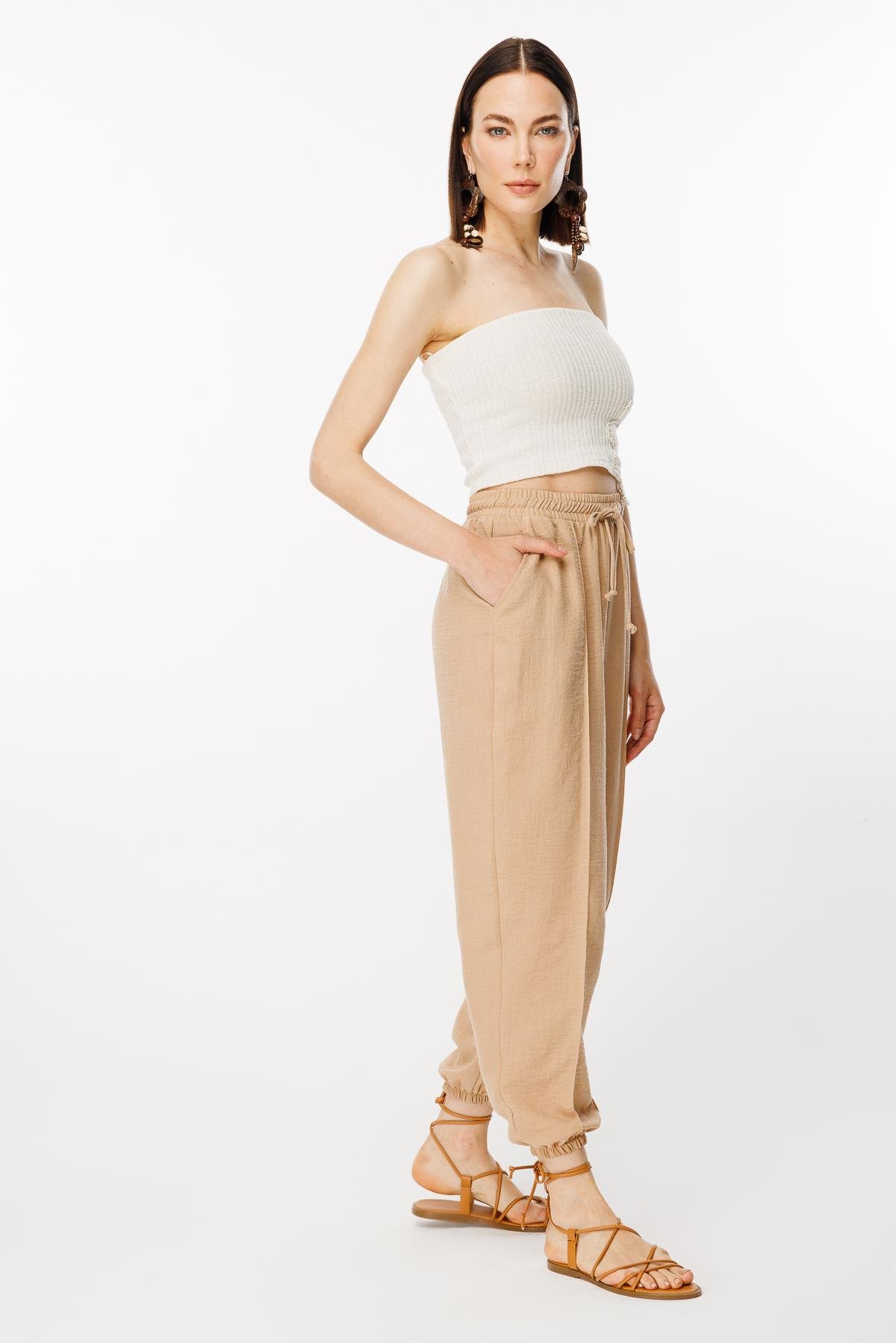 Paçası Lastikli Nervür Detaylı Keten Pantolon - CAMEL