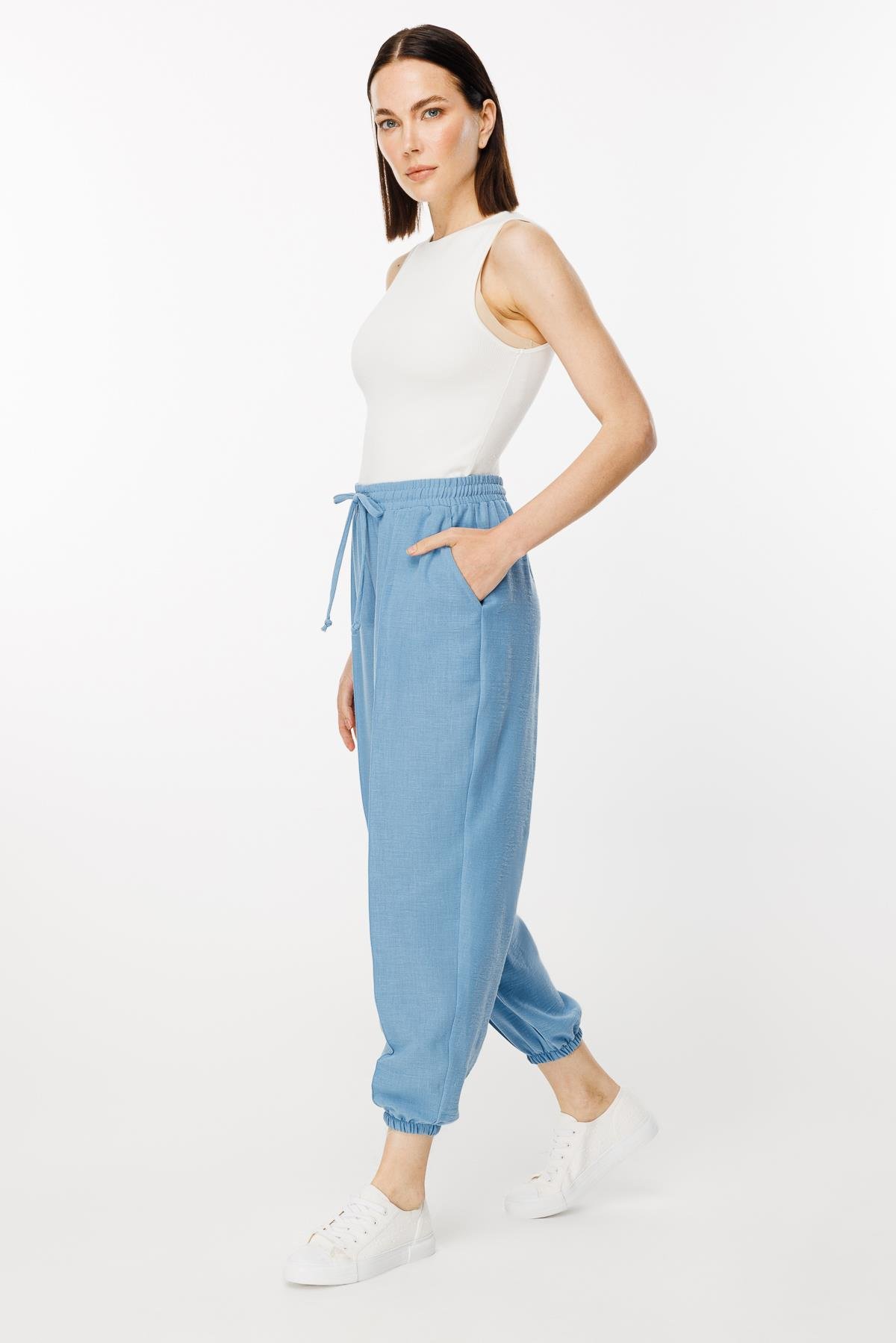 Paçası Lastikli Nervür Detaylı Keten Pantolon - MAVİ