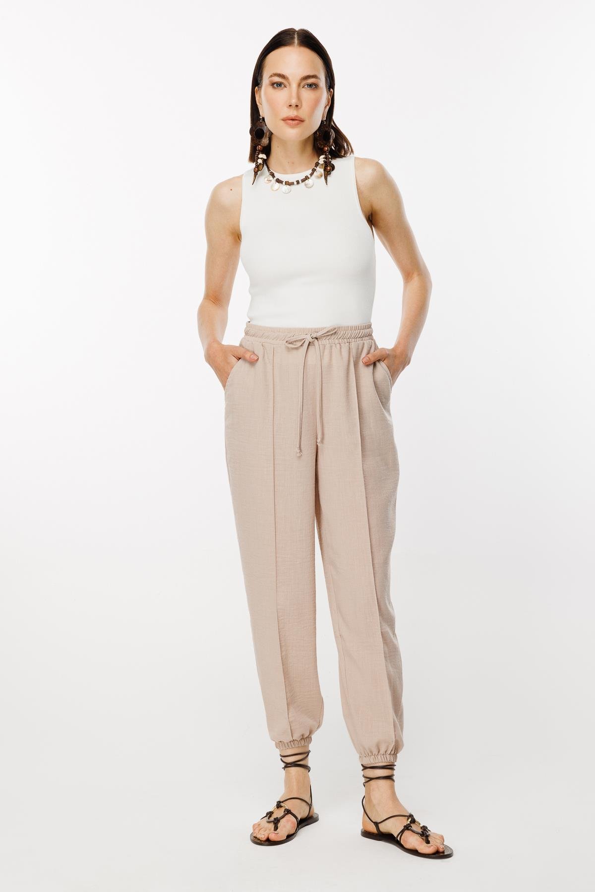 Paçası Lastikli Nervür Detaylı Keten Pantolon - TAŞ