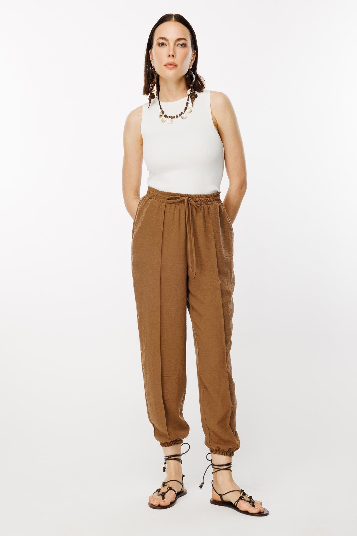 Paçası Lastikli Nervür Detaylı Keten Pantolon - KAHVE