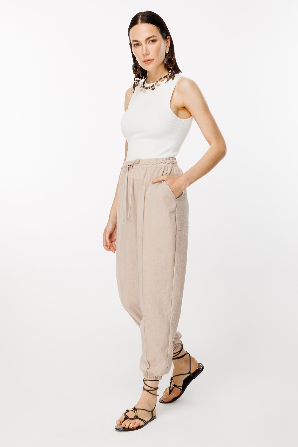 Paçası Lastikli Nervür Detaylı Keten Pantolon - TAŞ