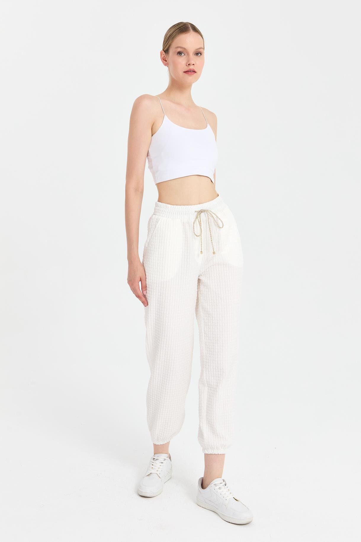 Paçası ve Beli Lastikli Dokulu Pantolon - KEMIK