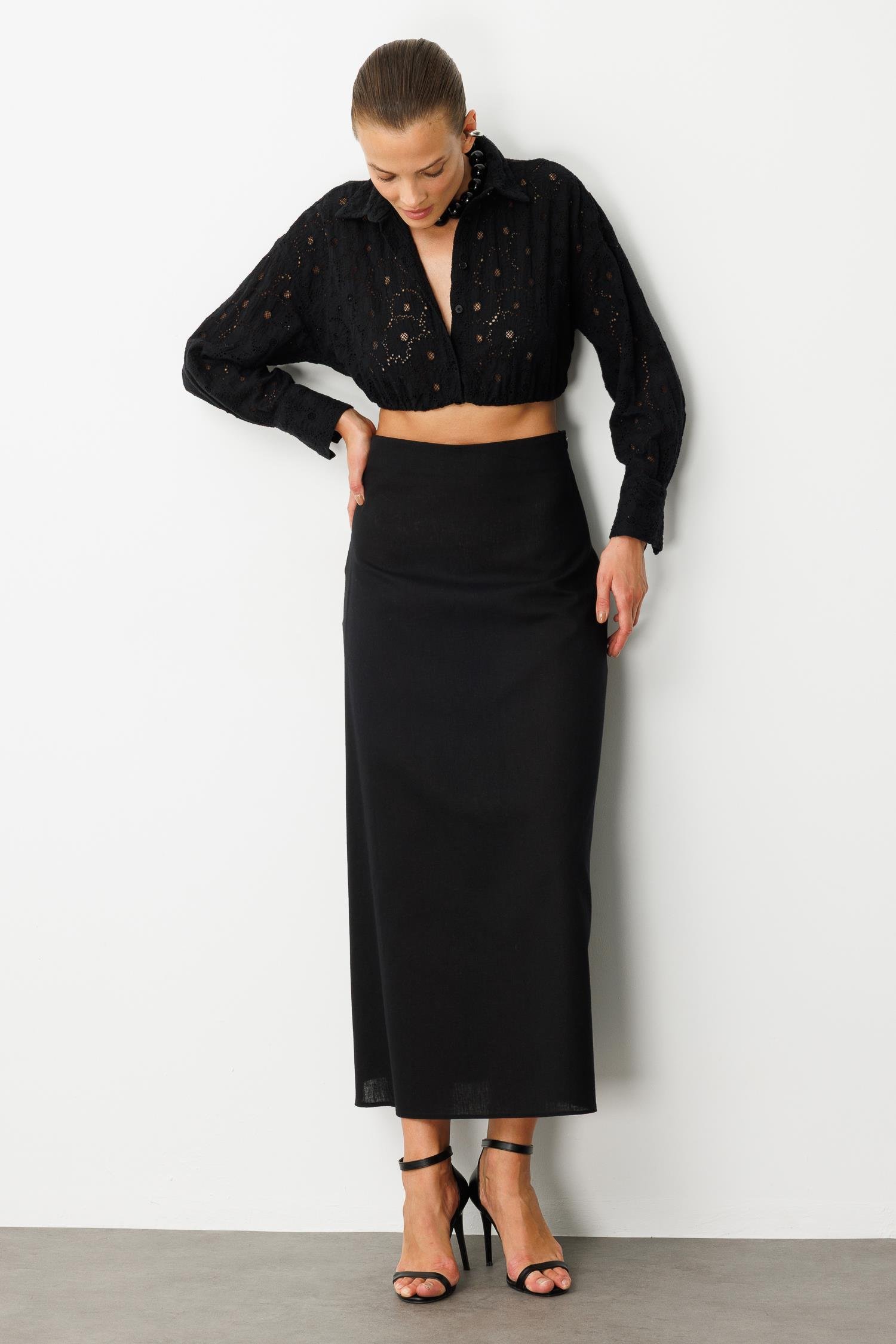 Pamuklu Keten Uzun Etek-SİYAH