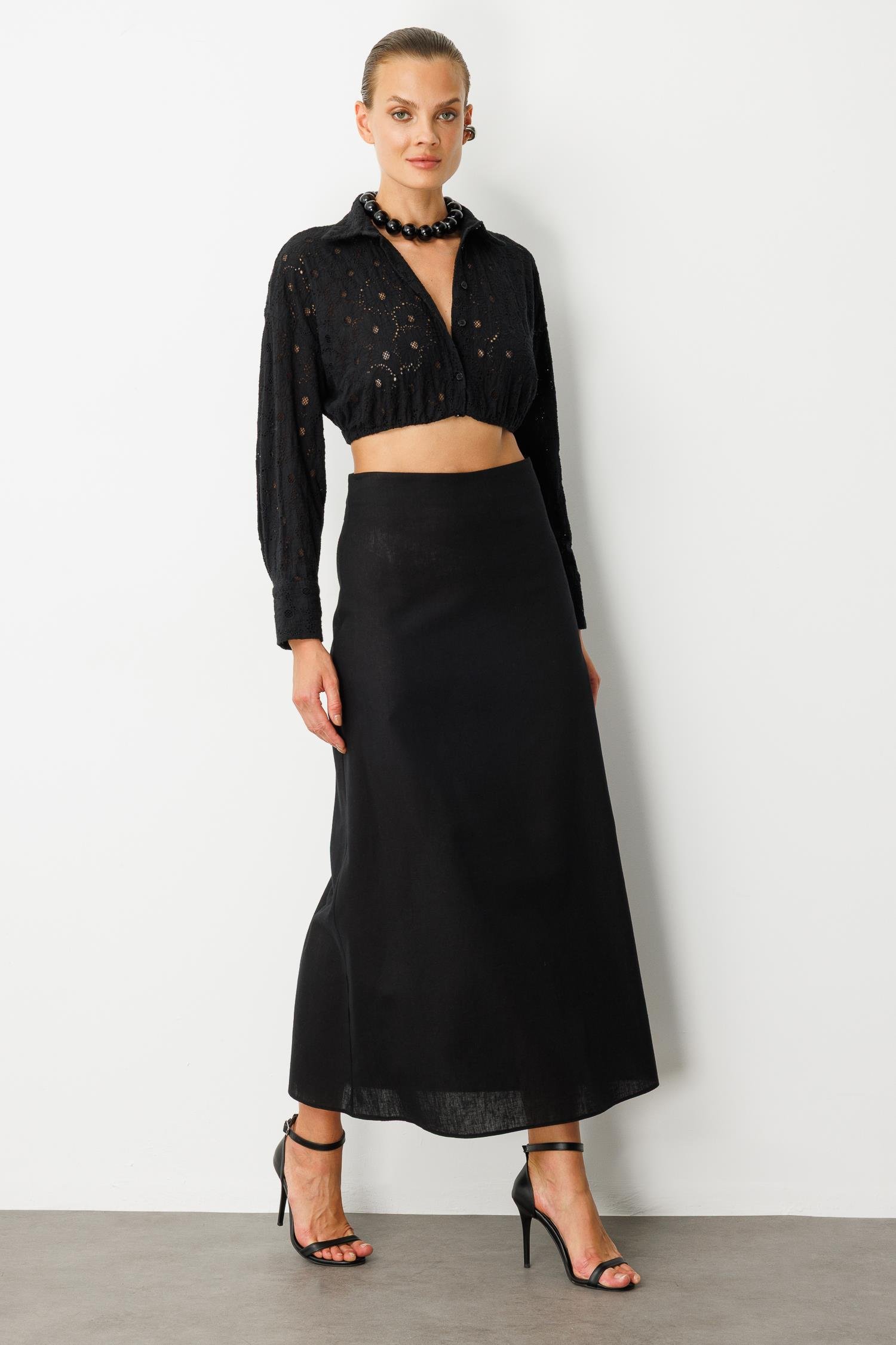 Pamuklu Keten Uzun Etek-SİYAH