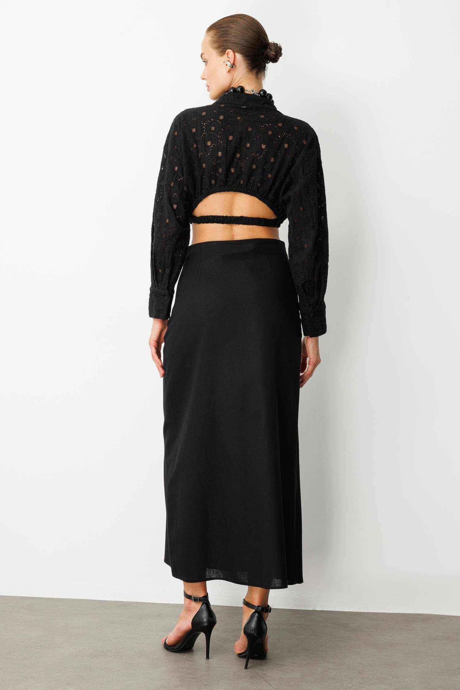 Pamuklu Keten Uzun Etek-SİYAH