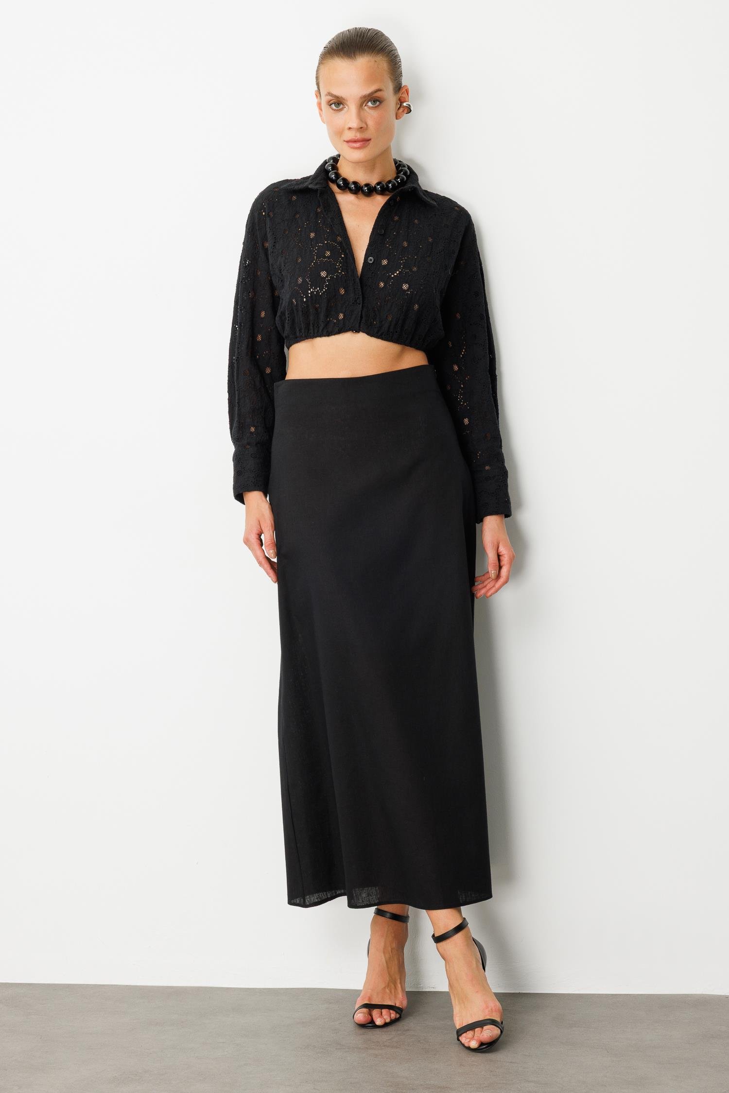 Pamuklu Keten Uzun Etek-SİYAH