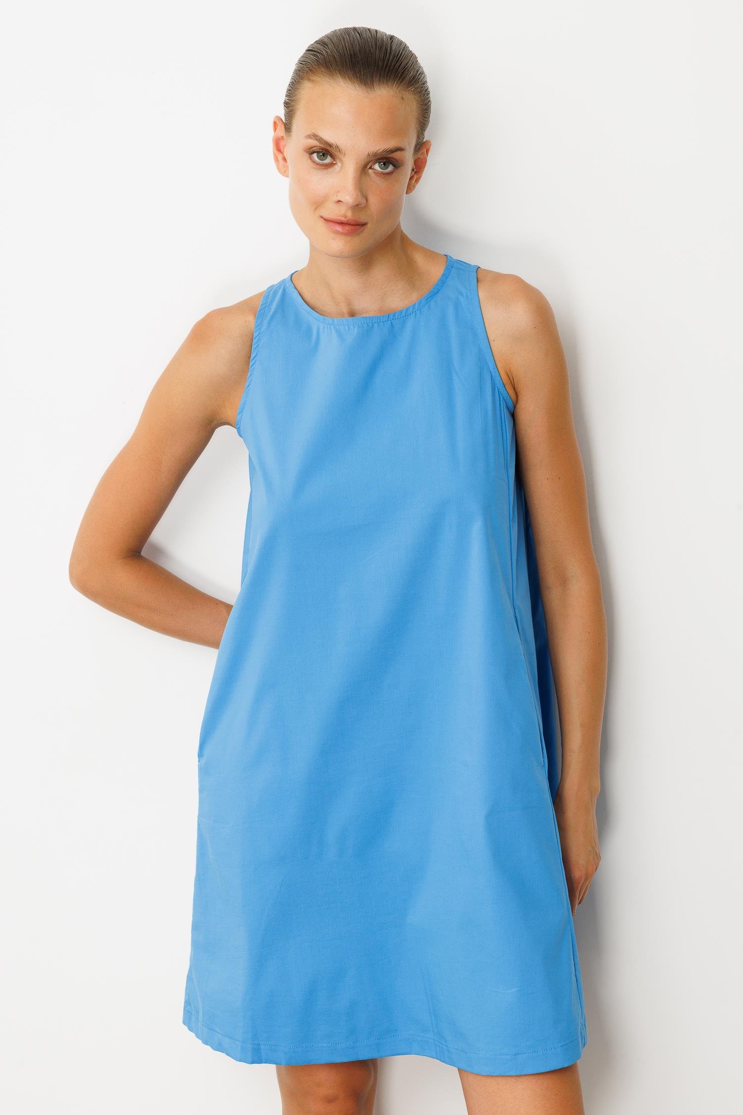 Pamuklu Rahat Kalıp Elbise-MAVİ