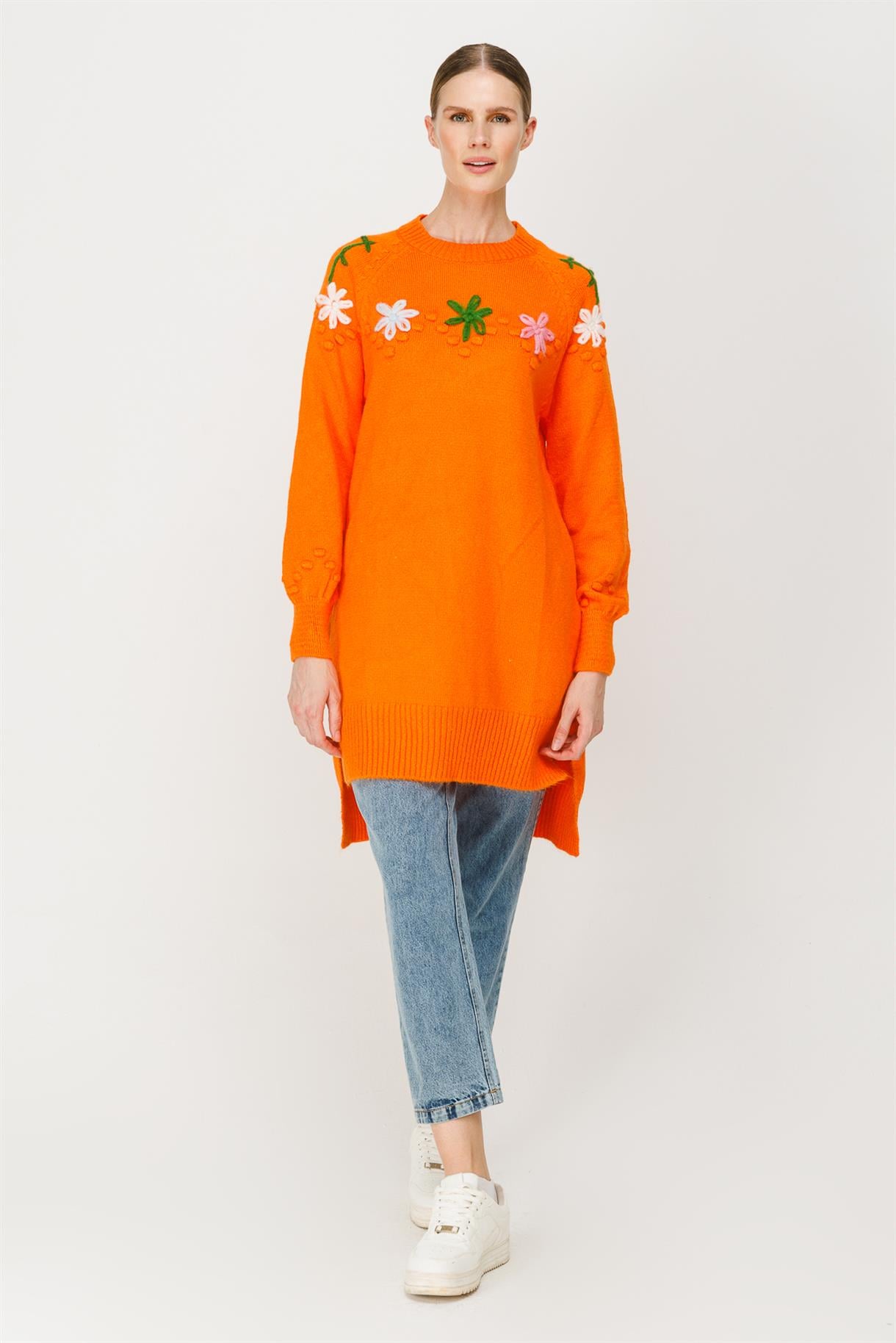 Papatya Desenli Triko Tunik - ORANJE