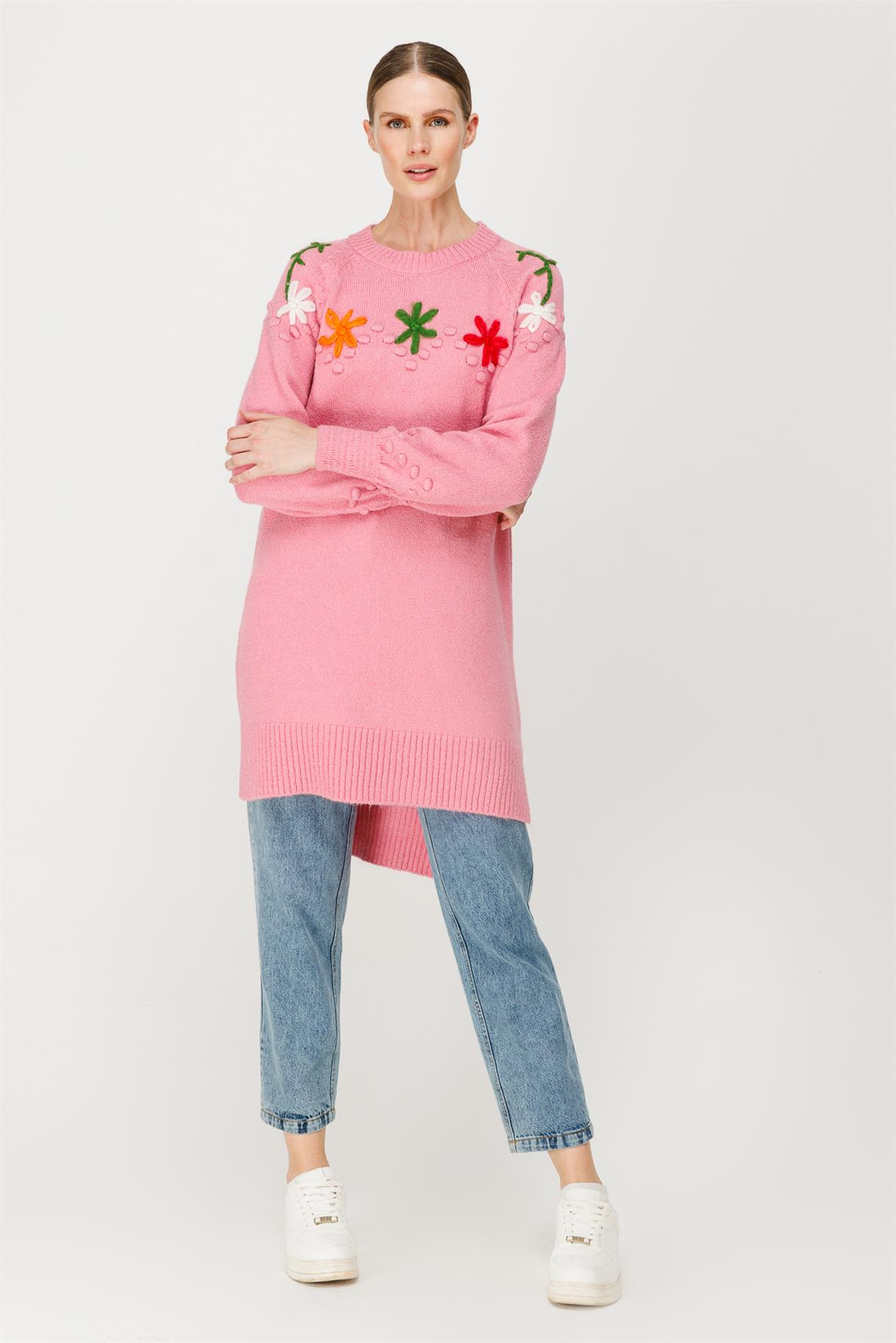 Papatya Desenli Triko Tunik - PEMBE