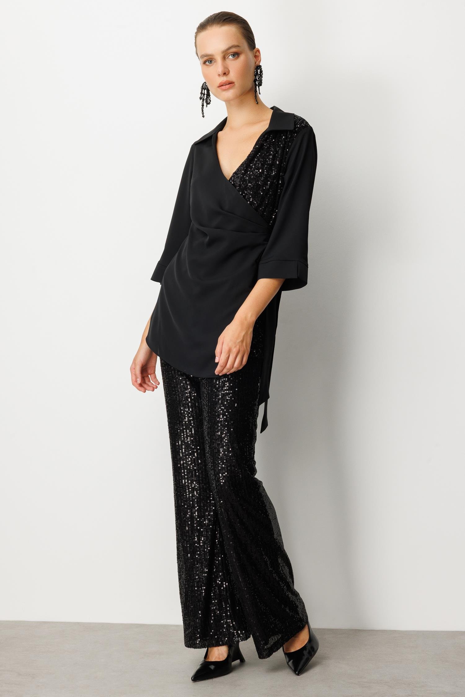 Payetli Bol Paça Pantolon-SİYAH