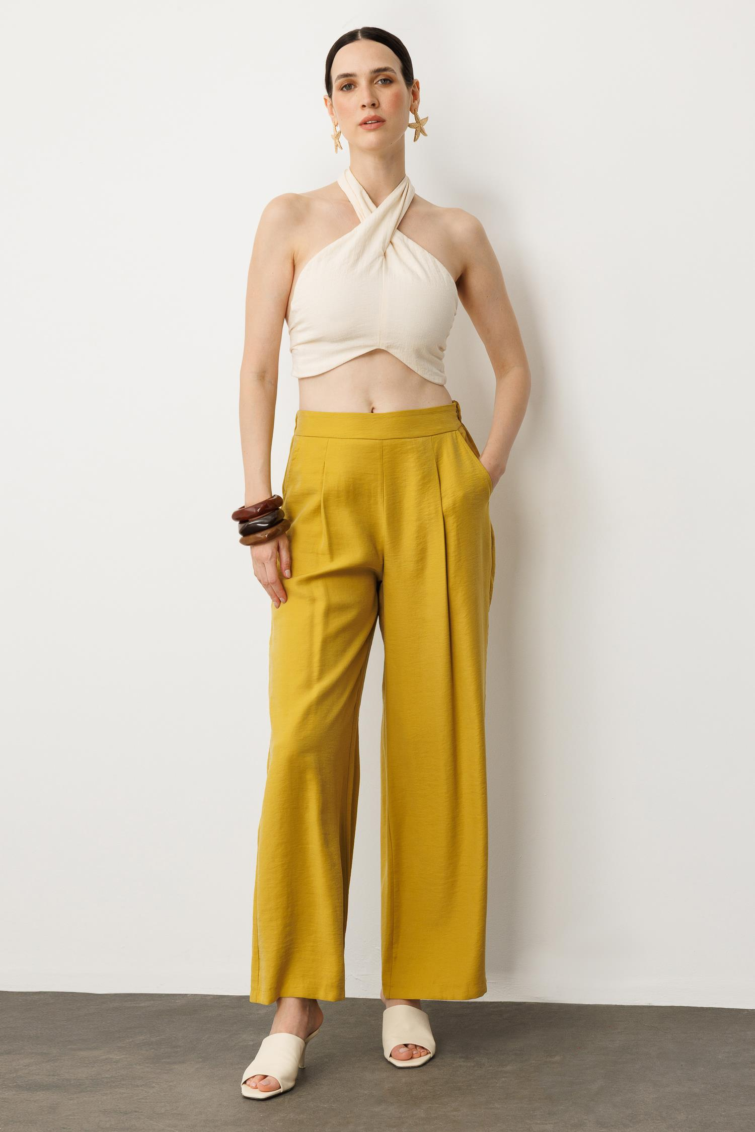 Pile Detaylı Pantolon-SAFRAN