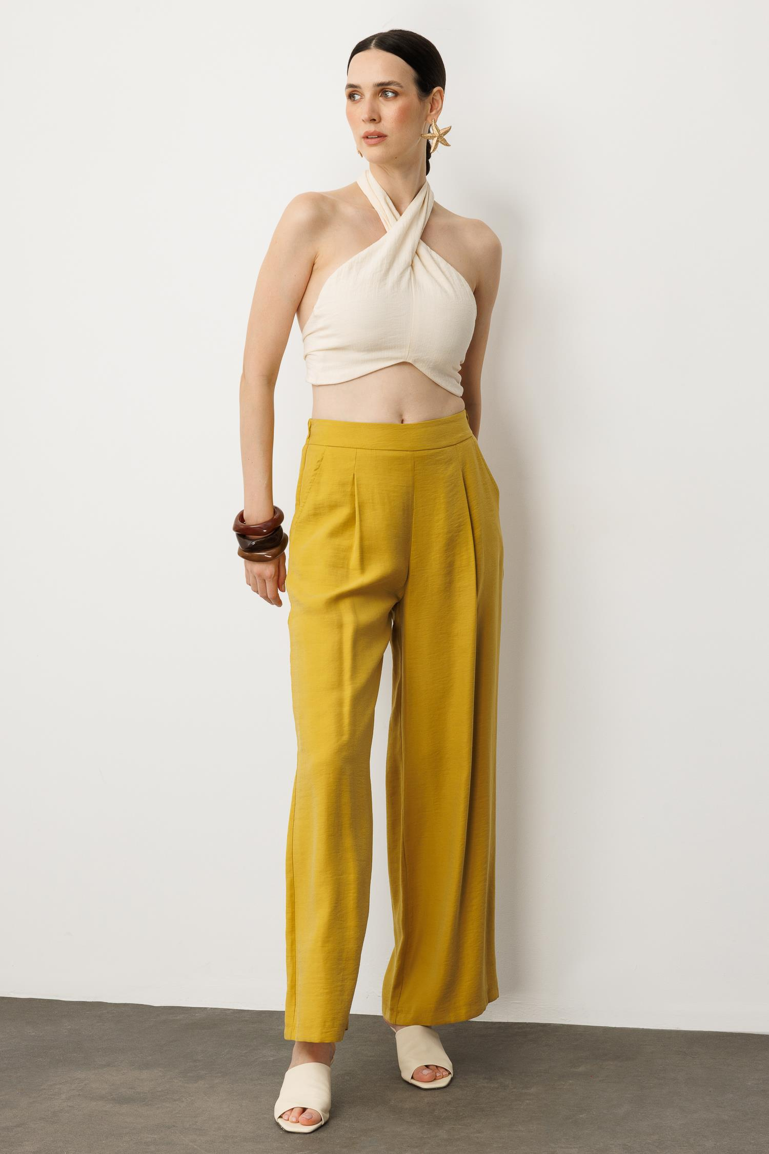 Pile Detaylı Pantolon-SAFRAN