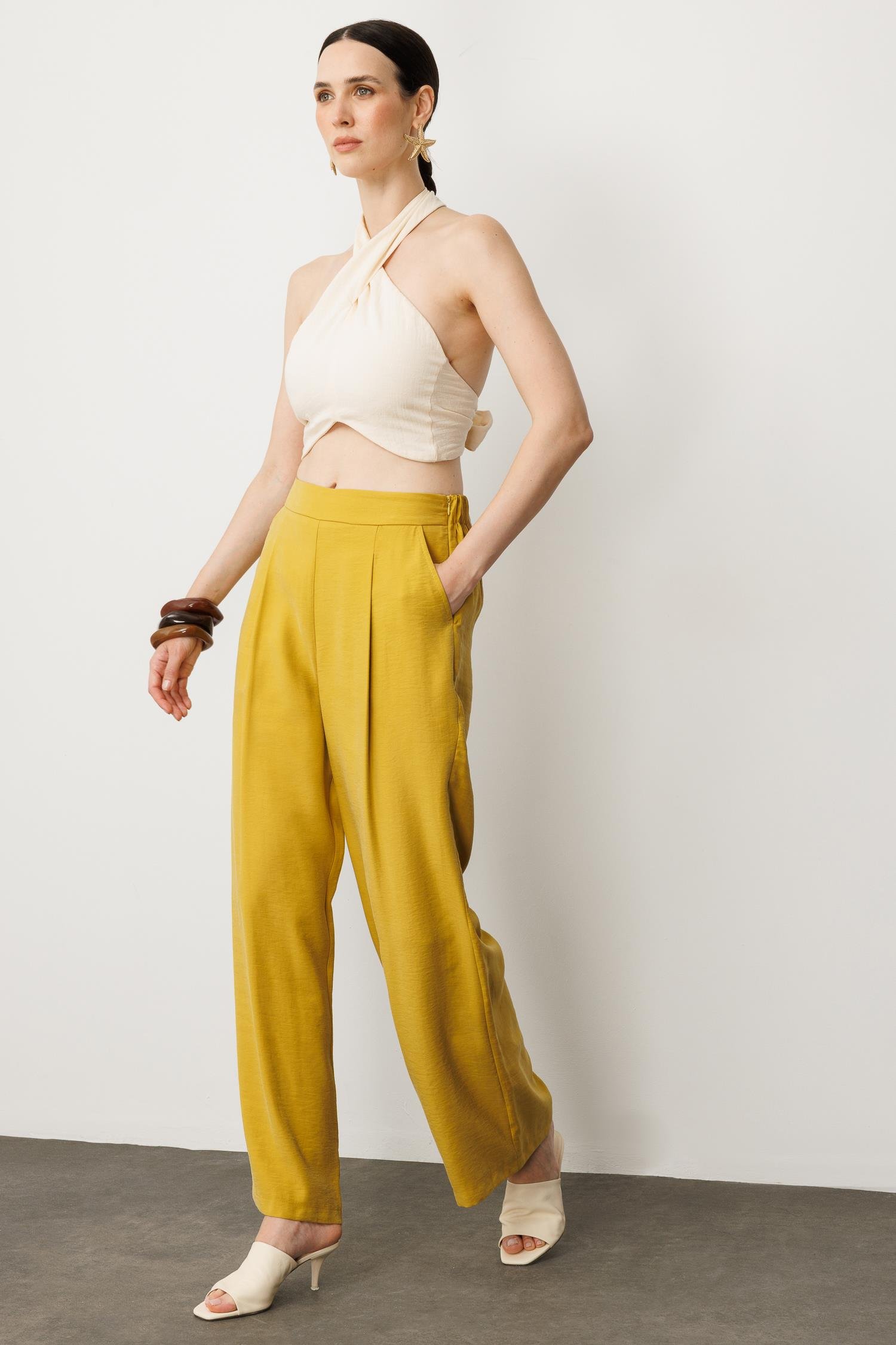 Pile Detaylı Pantolon-SAFRAN