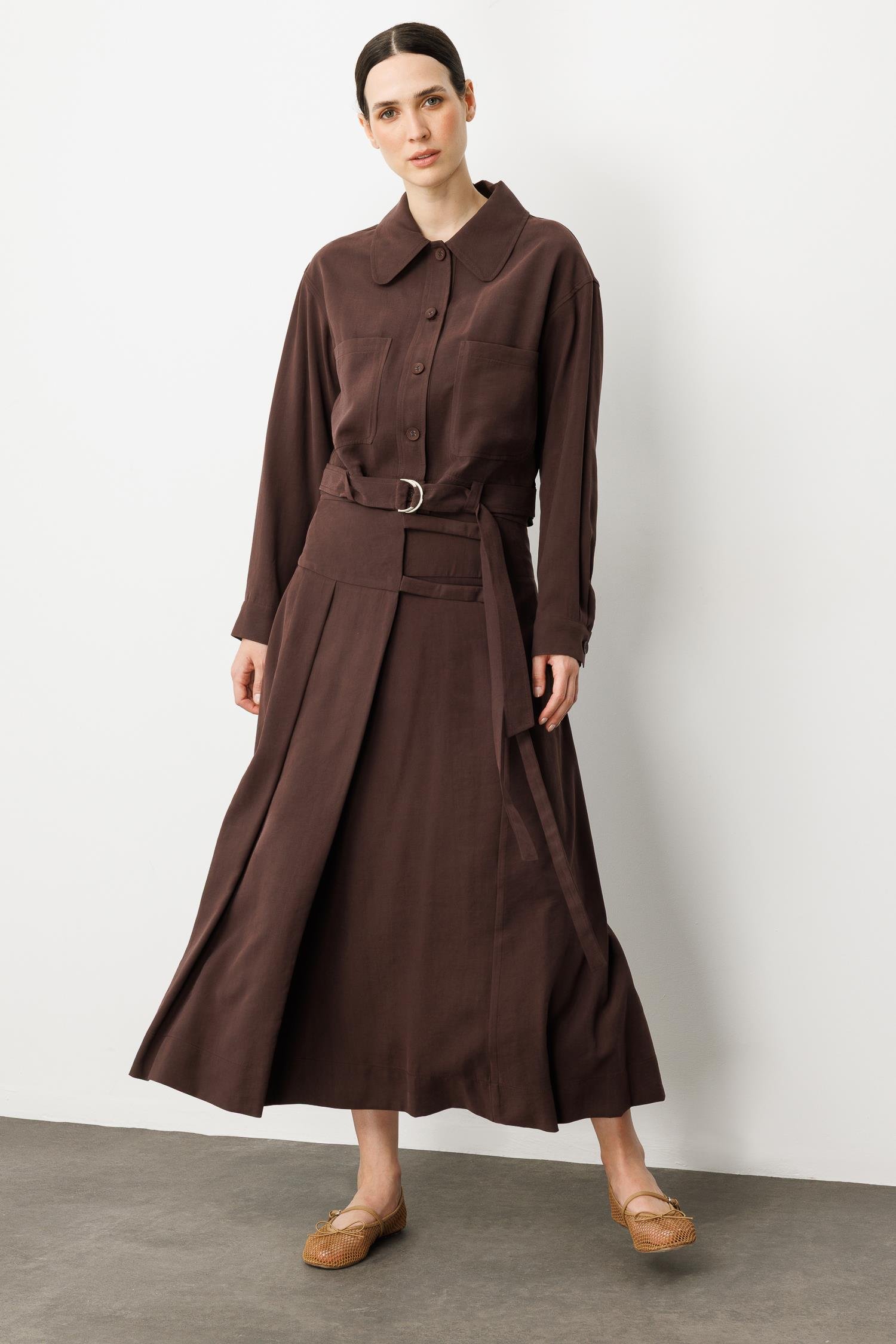 Pileli Kuşaklı Uzun Etek-KAHVE