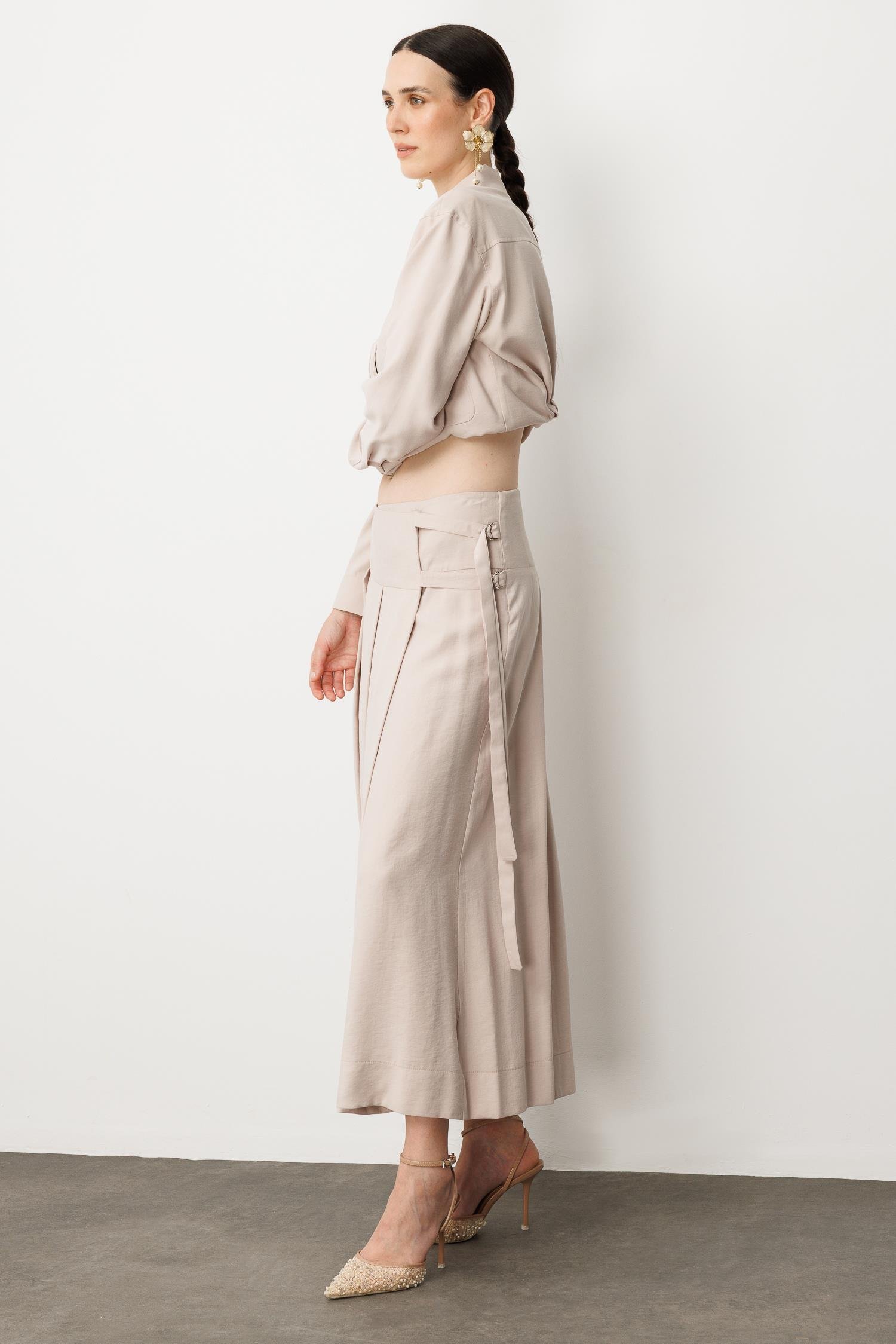 Pileli Kuşaklı Uzun Etek-TAŞ