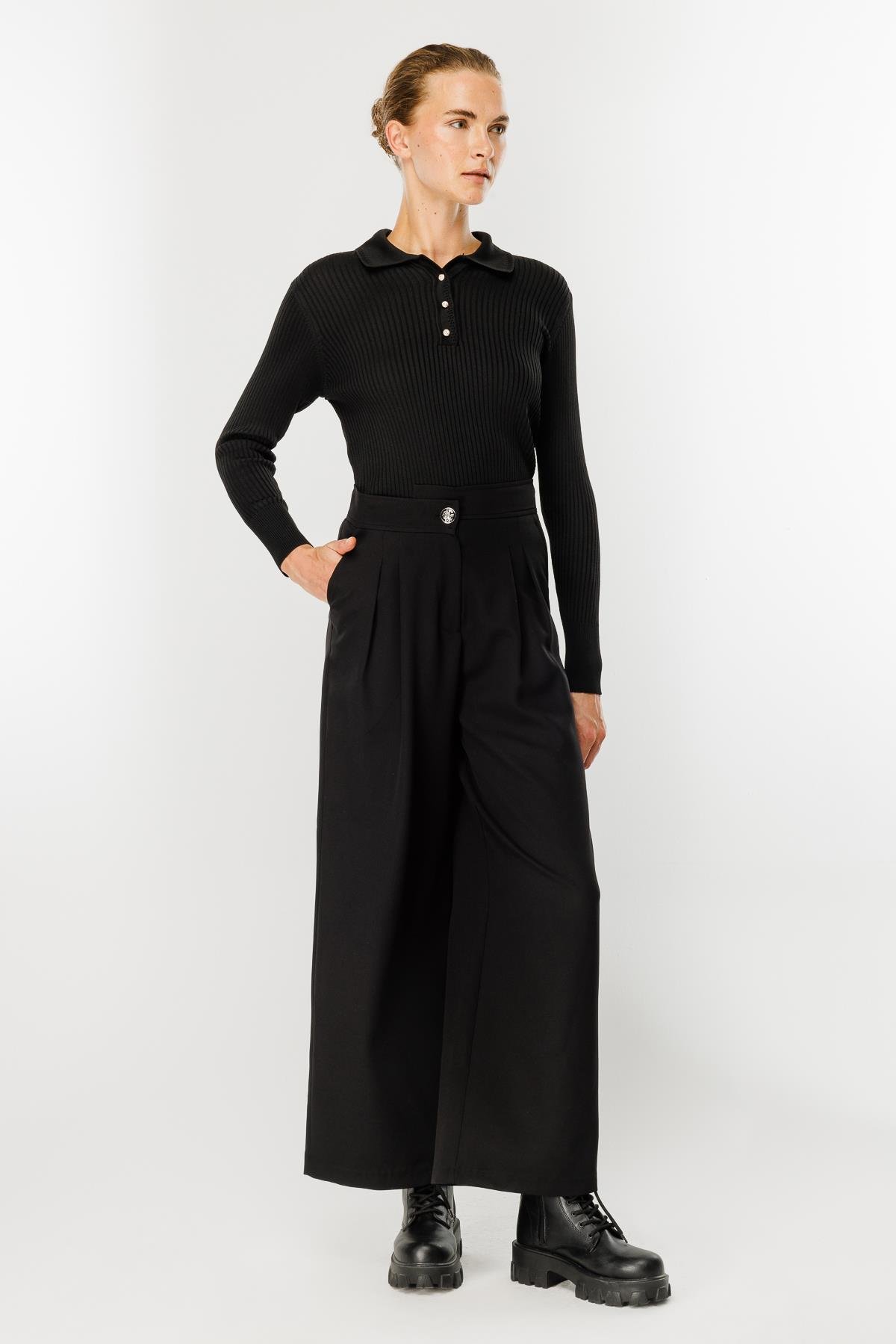 Pileli Yüksek Bel Palazzo Pantolon - SİYAH