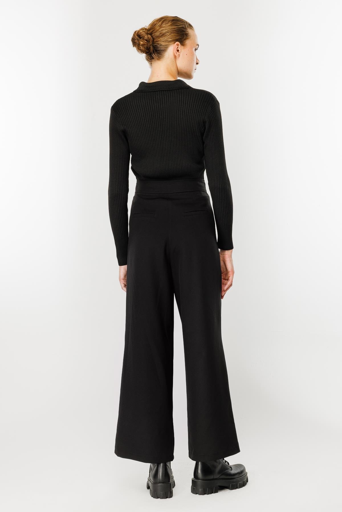 Pileli Yüksek Bel Palazzo Pantolon - SİYAH