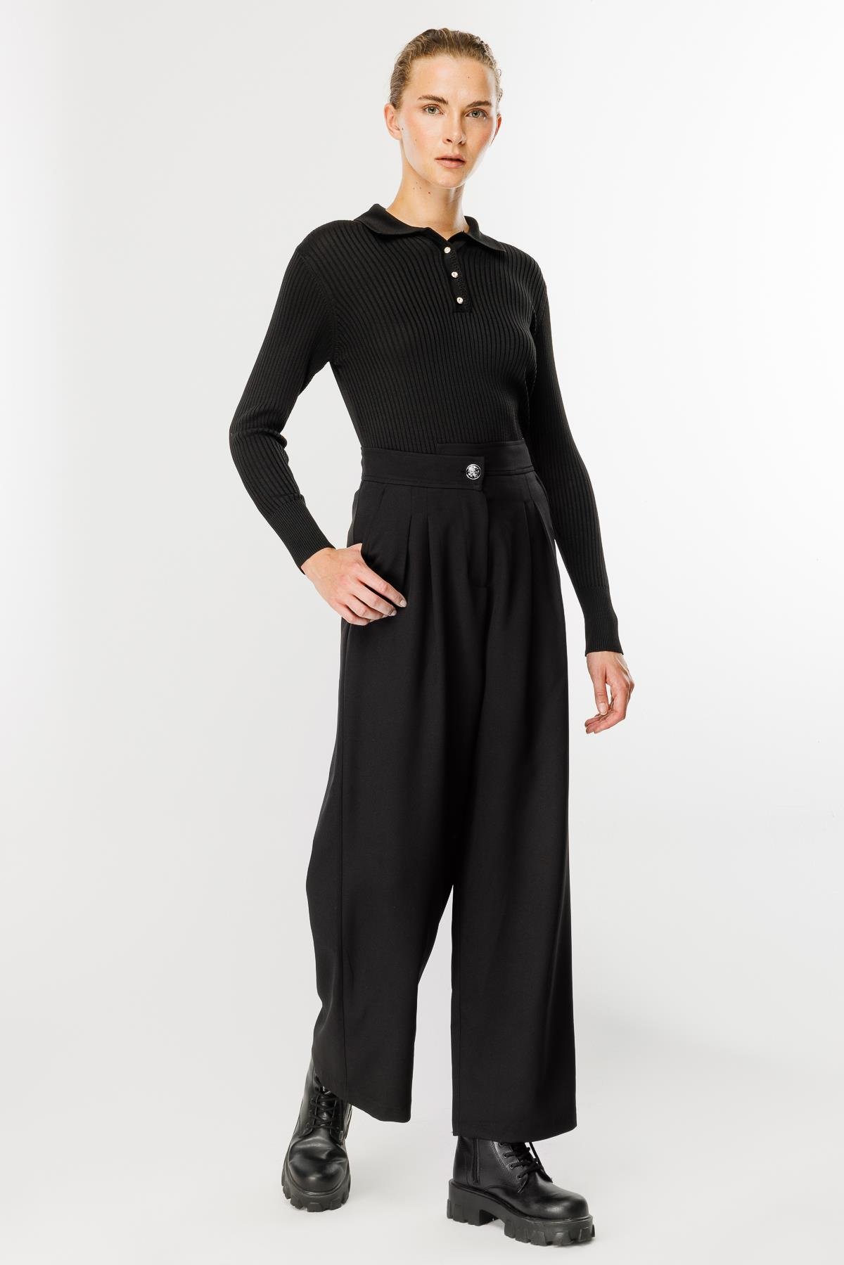 Pileli Yüksek Bel Palazzo Pantolon - SİYAH