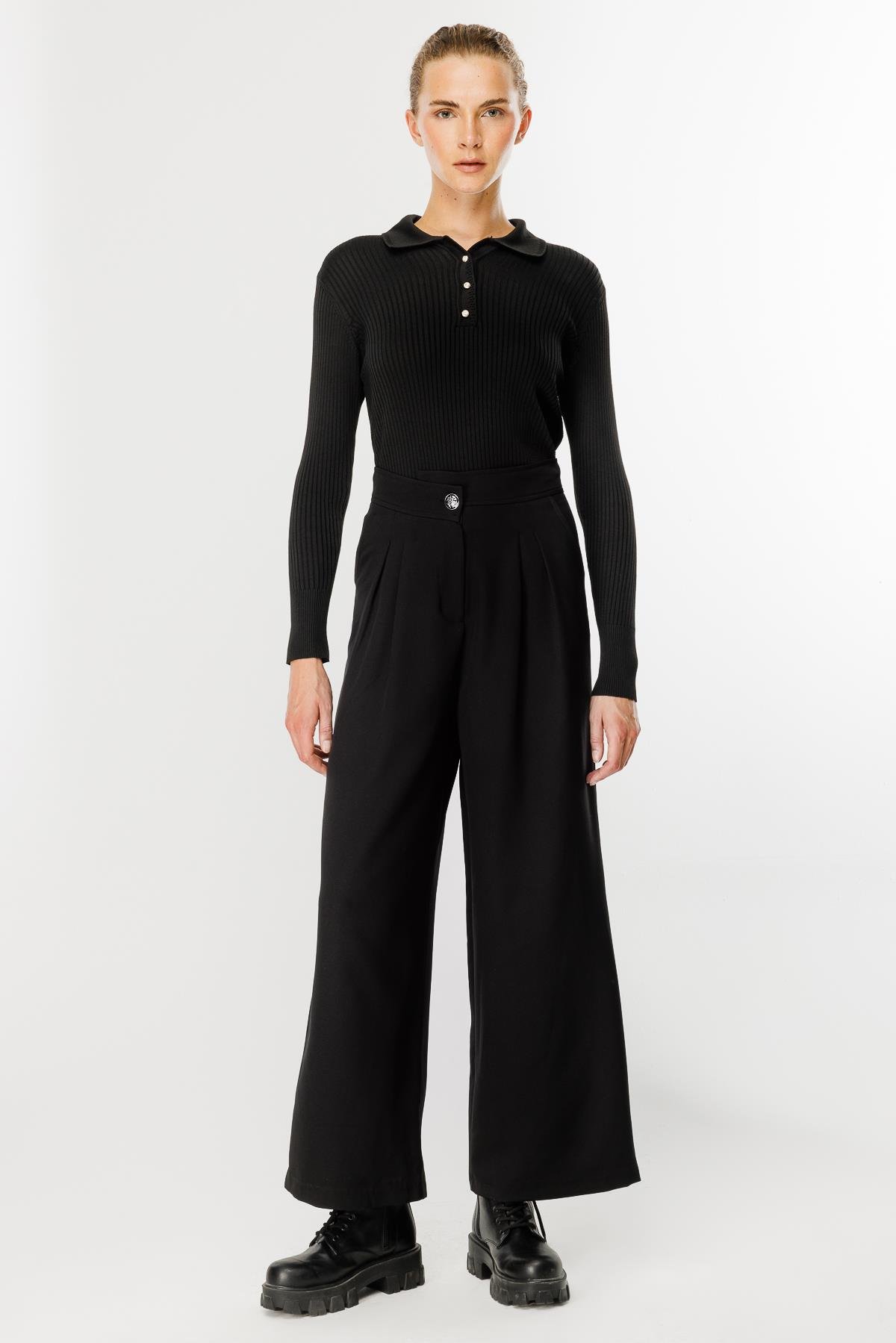 Pileli Yüksek Bel Palazzo Pantolon - SİYAH