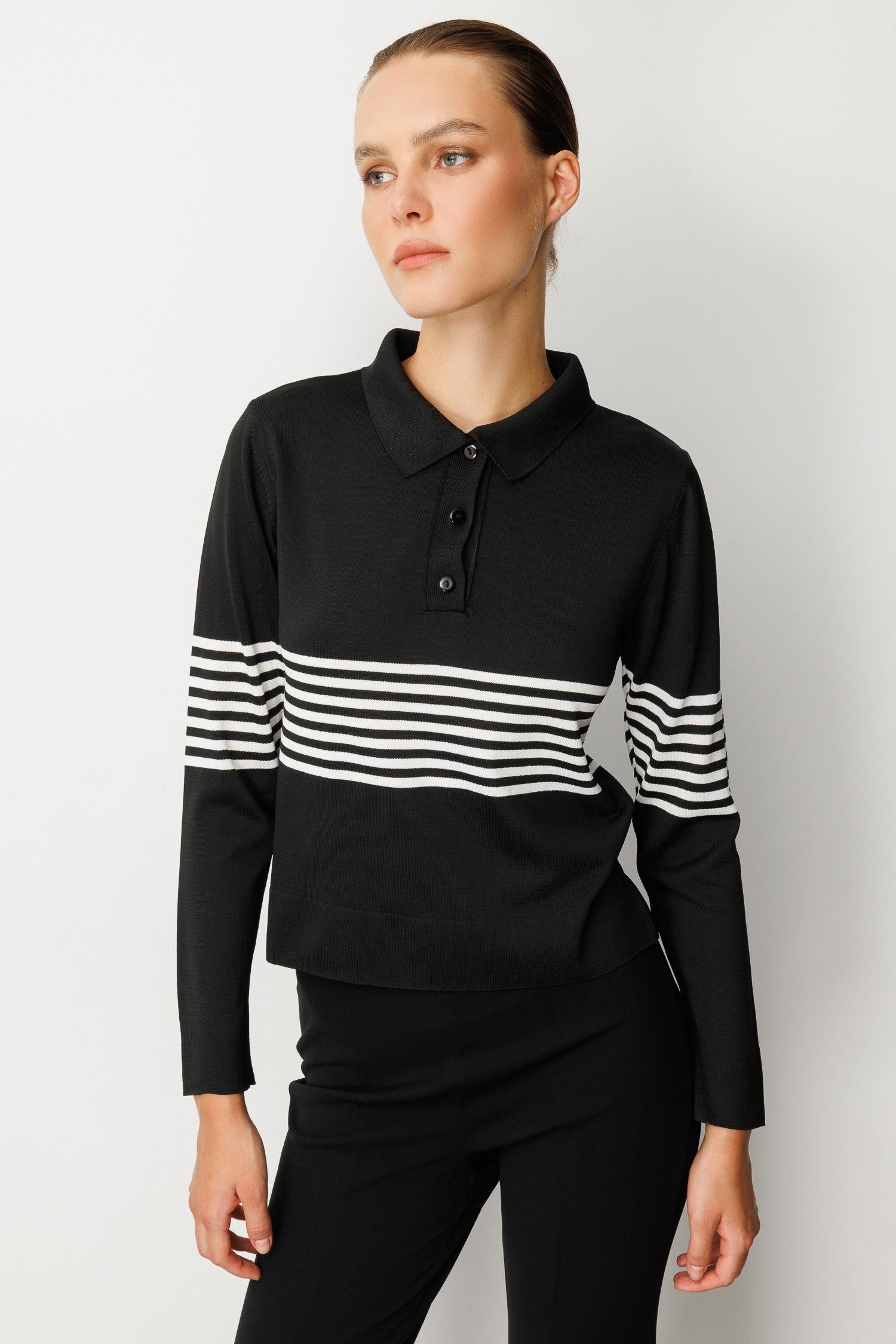 Polo Yaka Çizgi Desen Triko Kazak-SİYAH