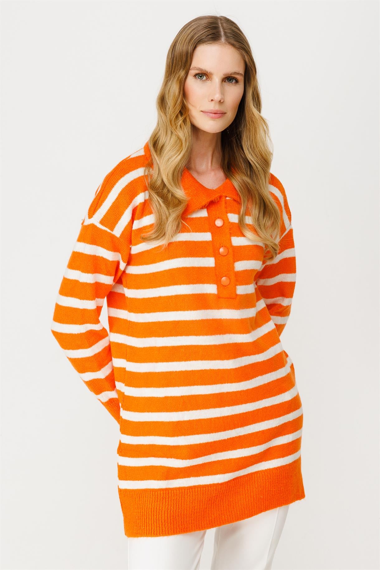 Polo Yaka Çizgili Triko Tunik - ORANJE