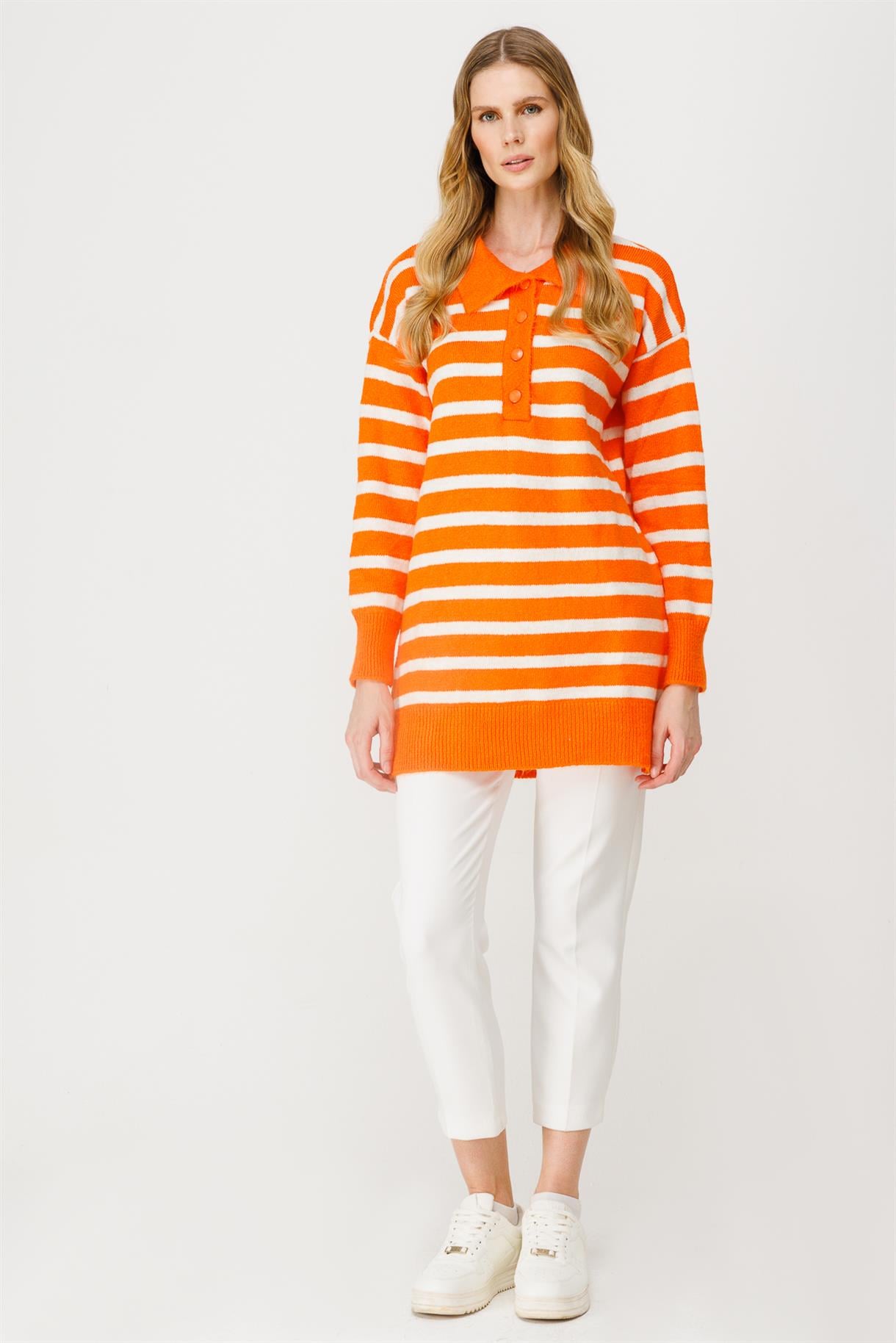 Polo Yaka Çizgili Triko Tunik - ORANJE