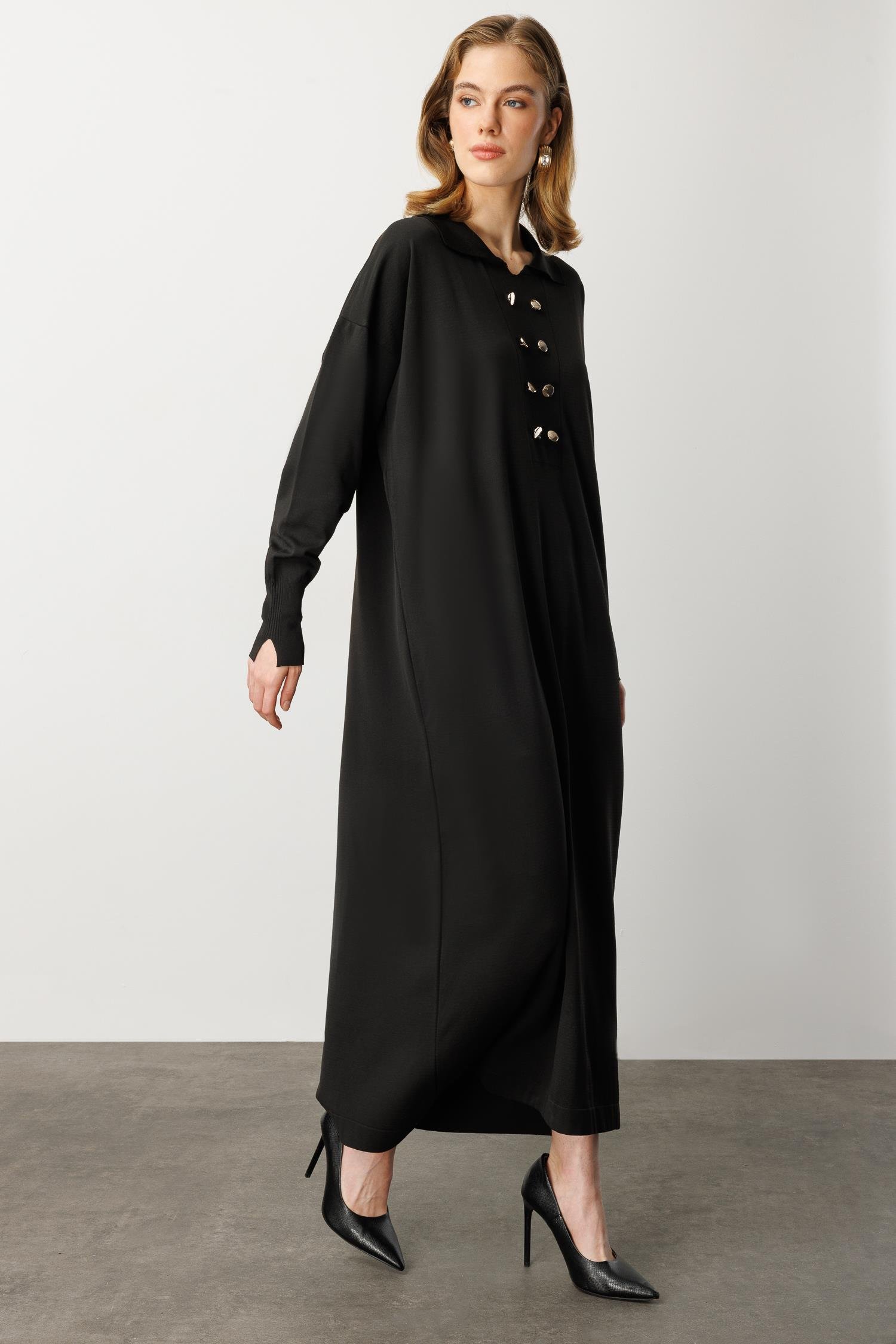 Polo Yaka Düğme Detaylı Uzun Elbise-SİYAH