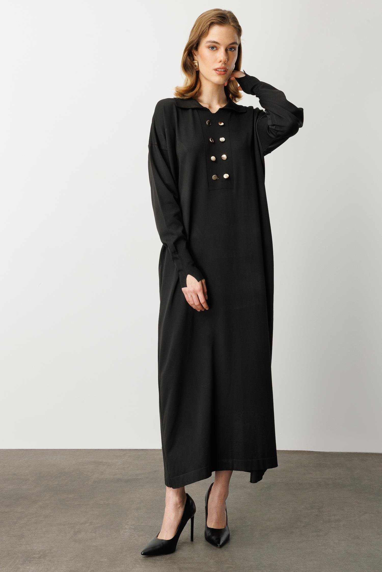 Polo Yaka Düğme Detaylı Uzun Elbise-SİYAH