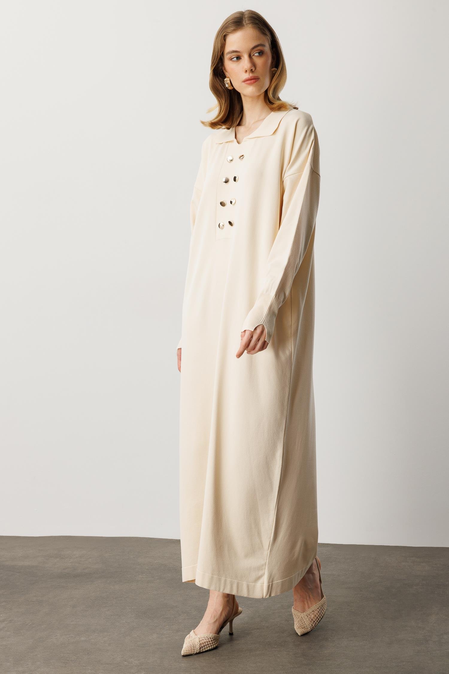 Polo Yaka Düğme Detaylı Uzun Elbise-TAŞ