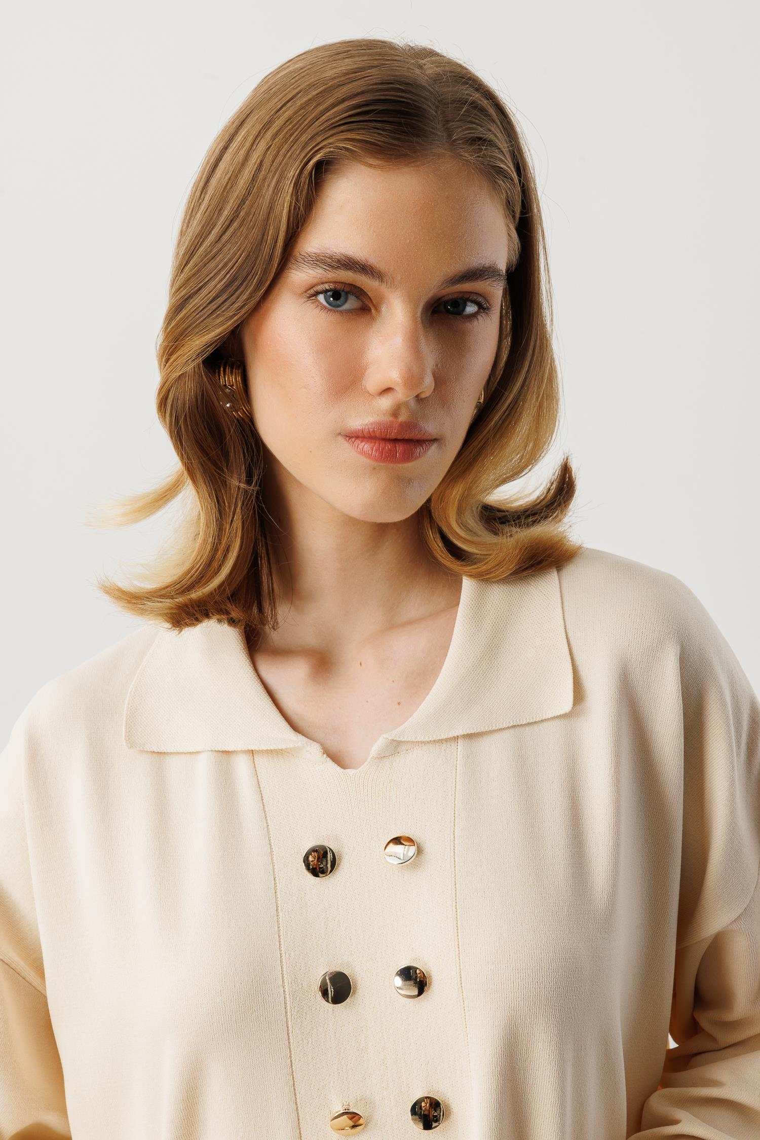 Polo Yaka Düğme Detaylı Uzun Elbise-TAŞ