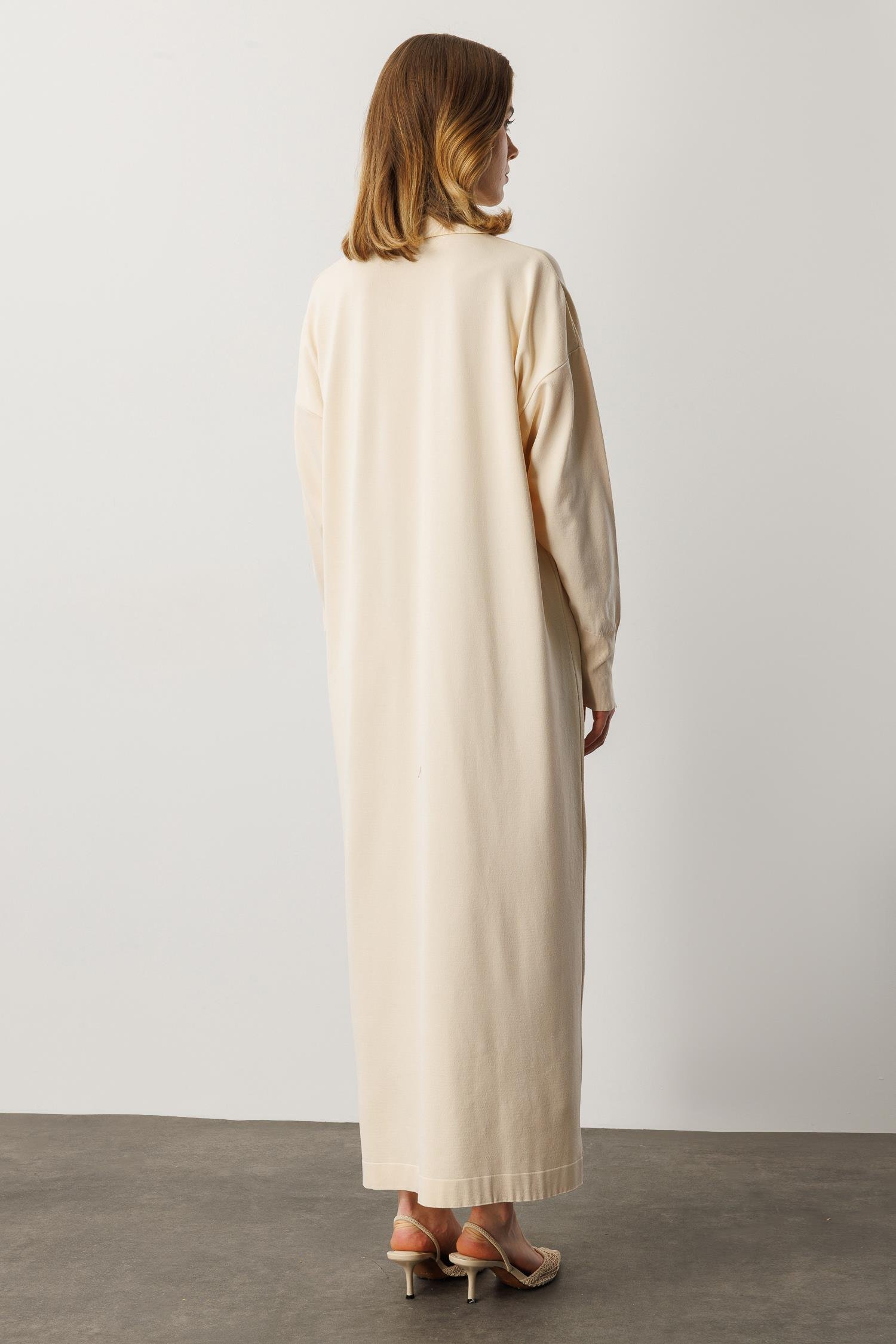 Polo Yaka Düğme Detaylı Uzun Elbise-TAŞ