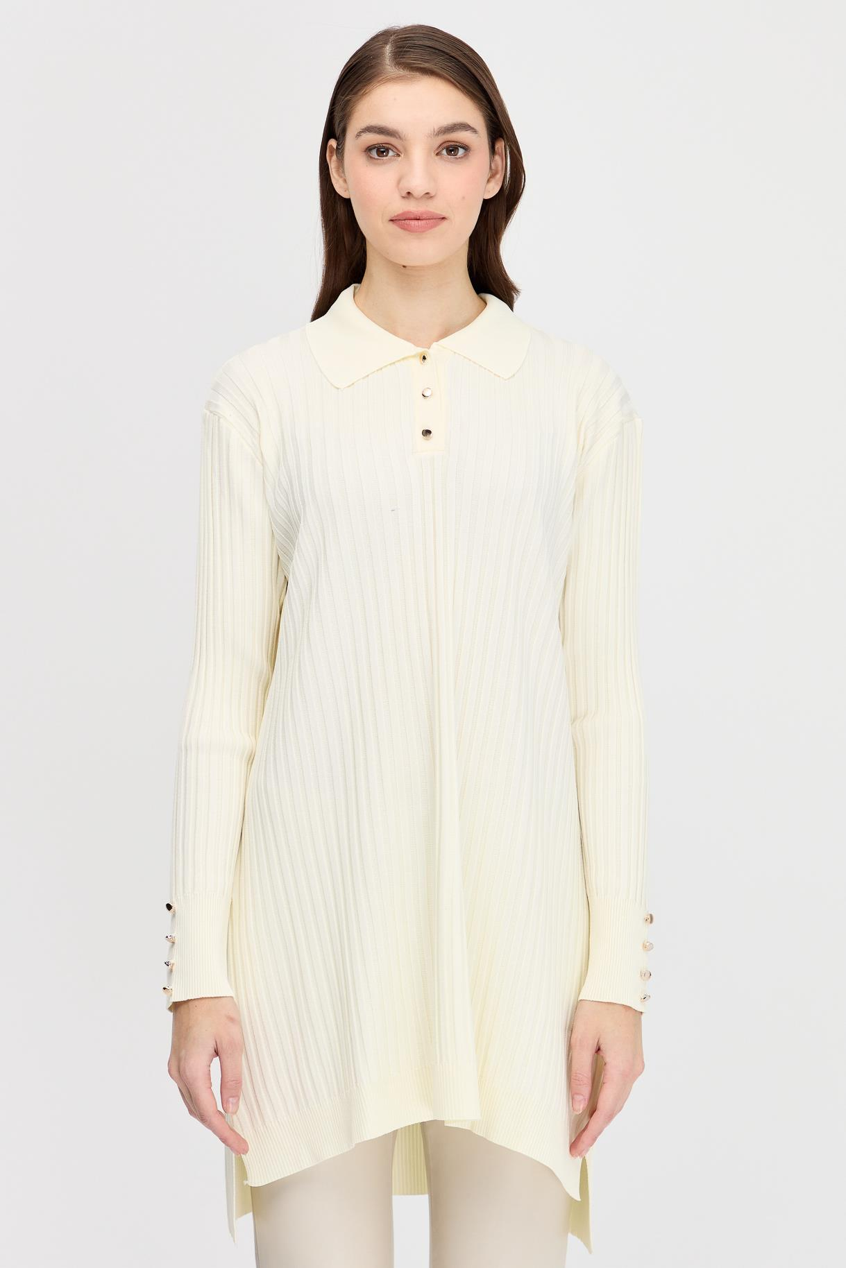 Polo Yaka Düğmeli Triko Tunik - EKRU