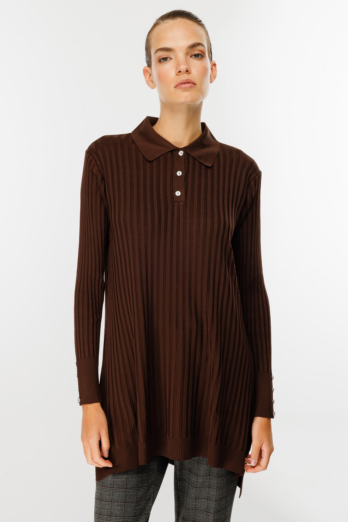 Polo Yaka Düğmeli Triko Tunik - KAHVE