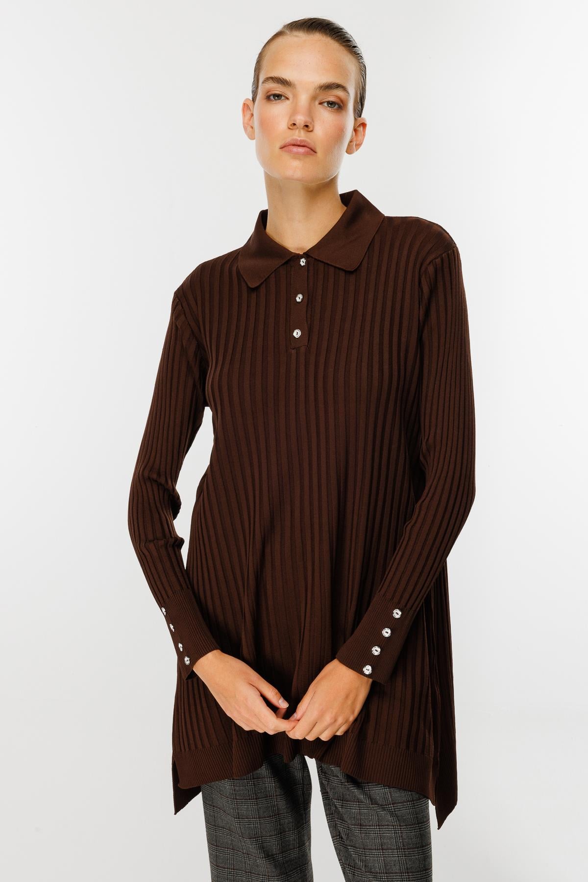 Polo Yaka Düğmeli Triko Tunik - KAHVE