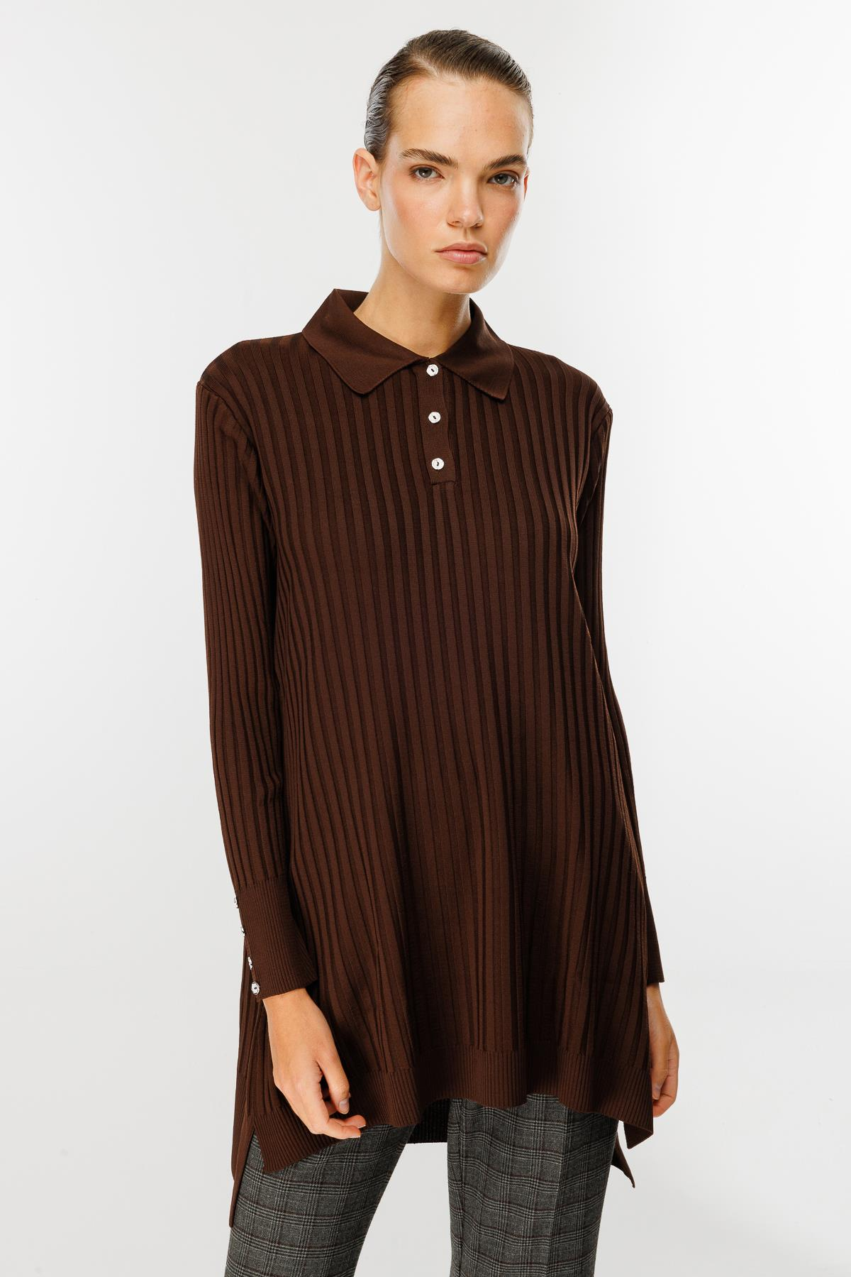 Polo Yaka Düğmeli Triko Tunik - KAHVE
