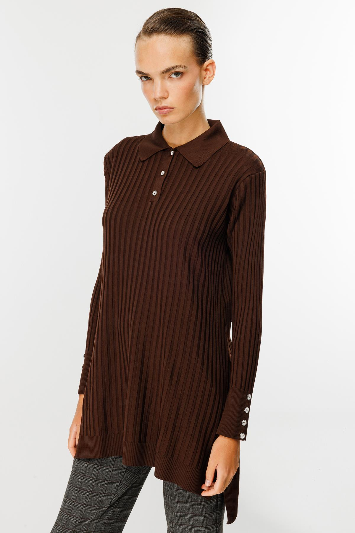 Polo Yaka Düğmeli Triko Tunik - KAHVE