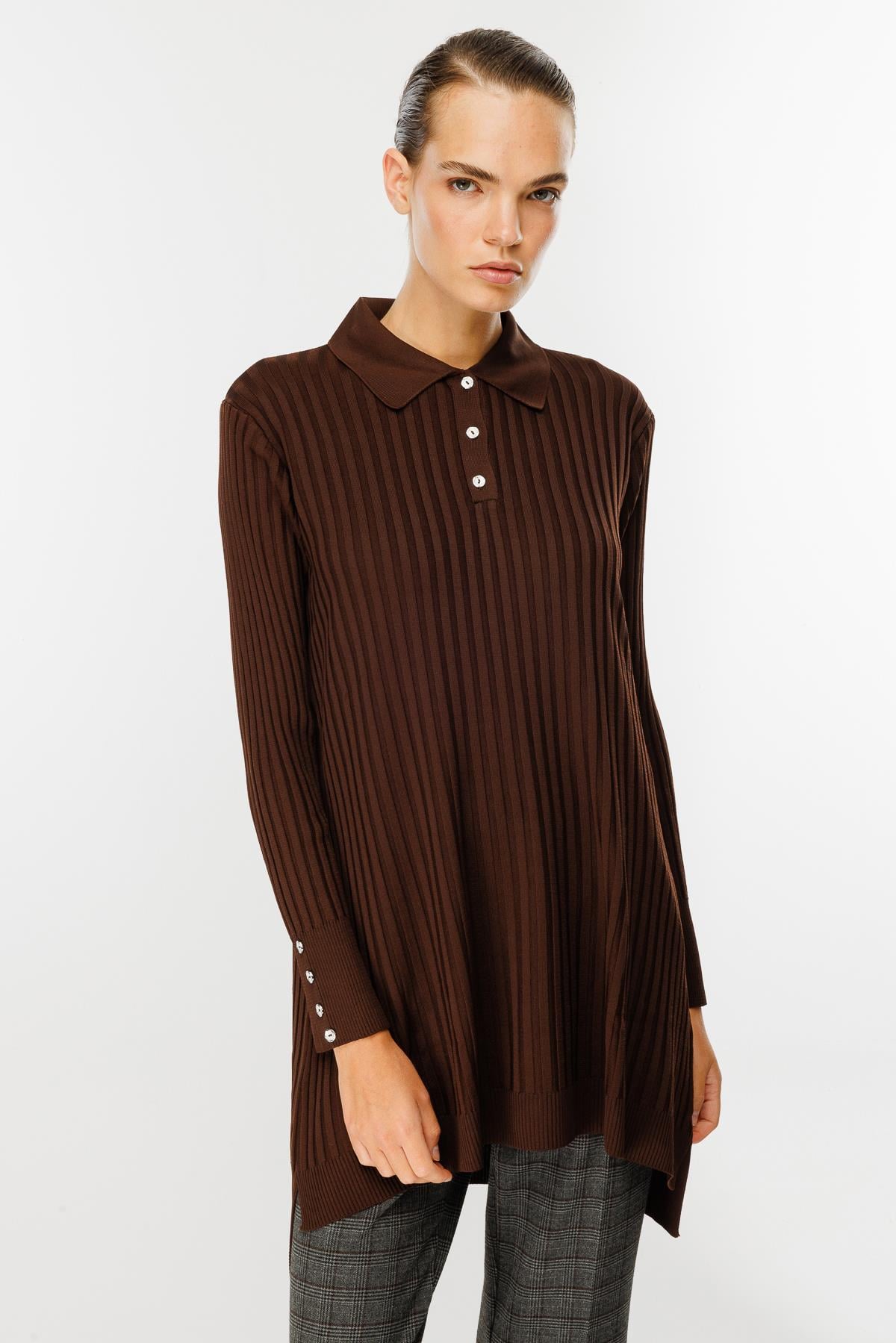Polo Yaka Düğmeli Triko Tunik - KAHVE