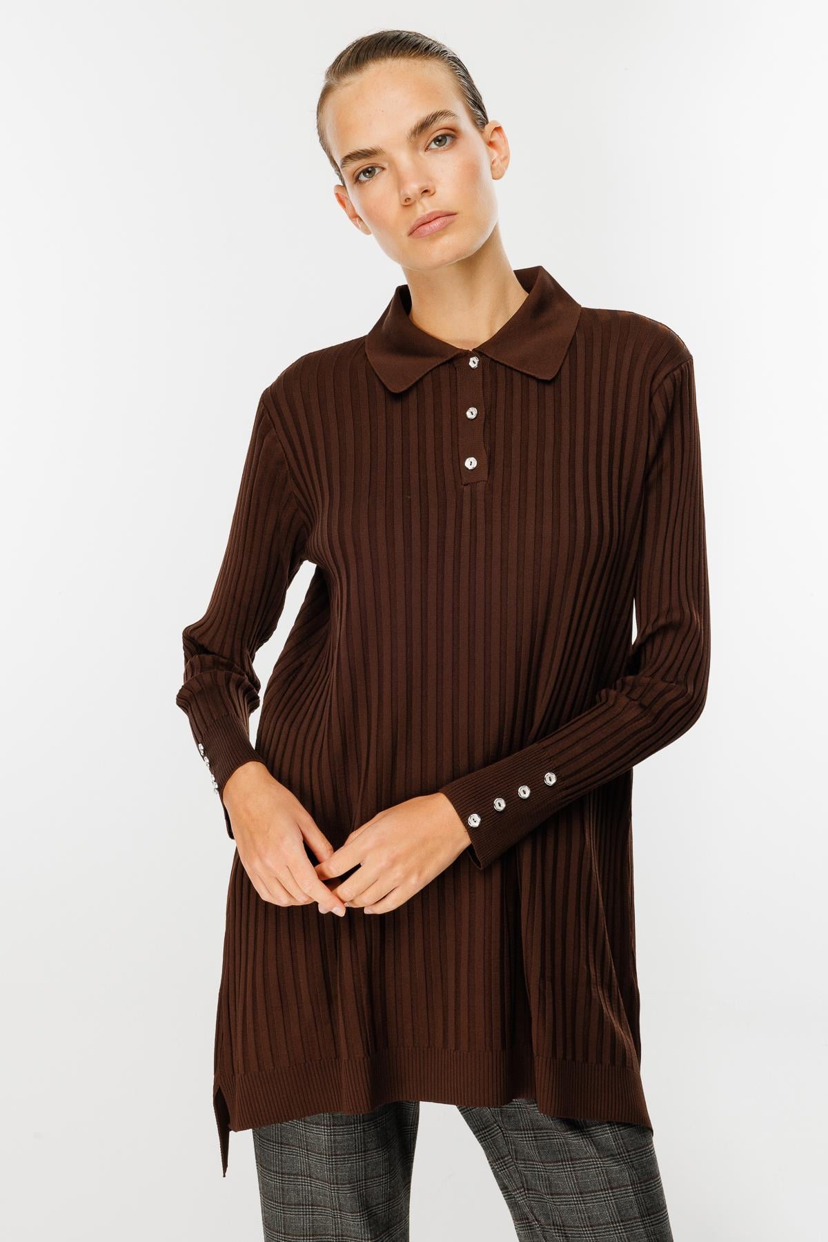 Polo Yaka Düğmeli Triko Tunik - KAHVE