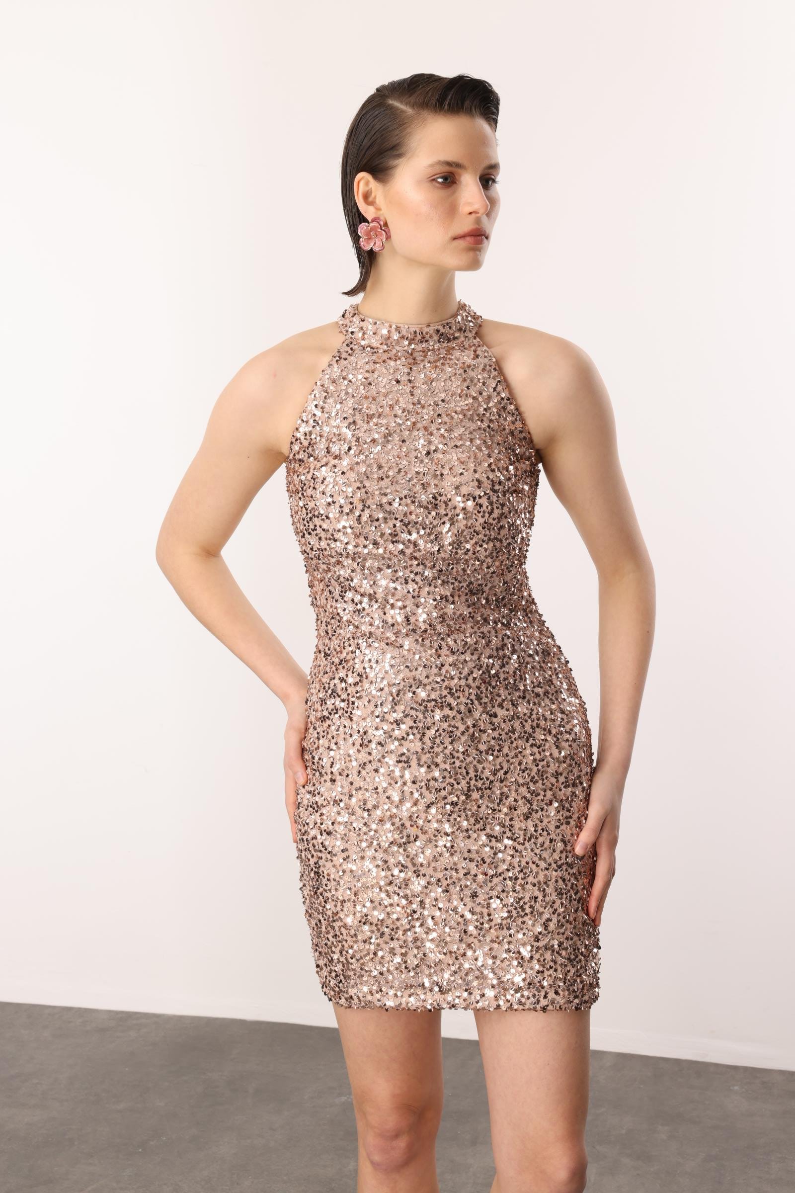 Pul Detaylı Kısa Abiye-GOLD