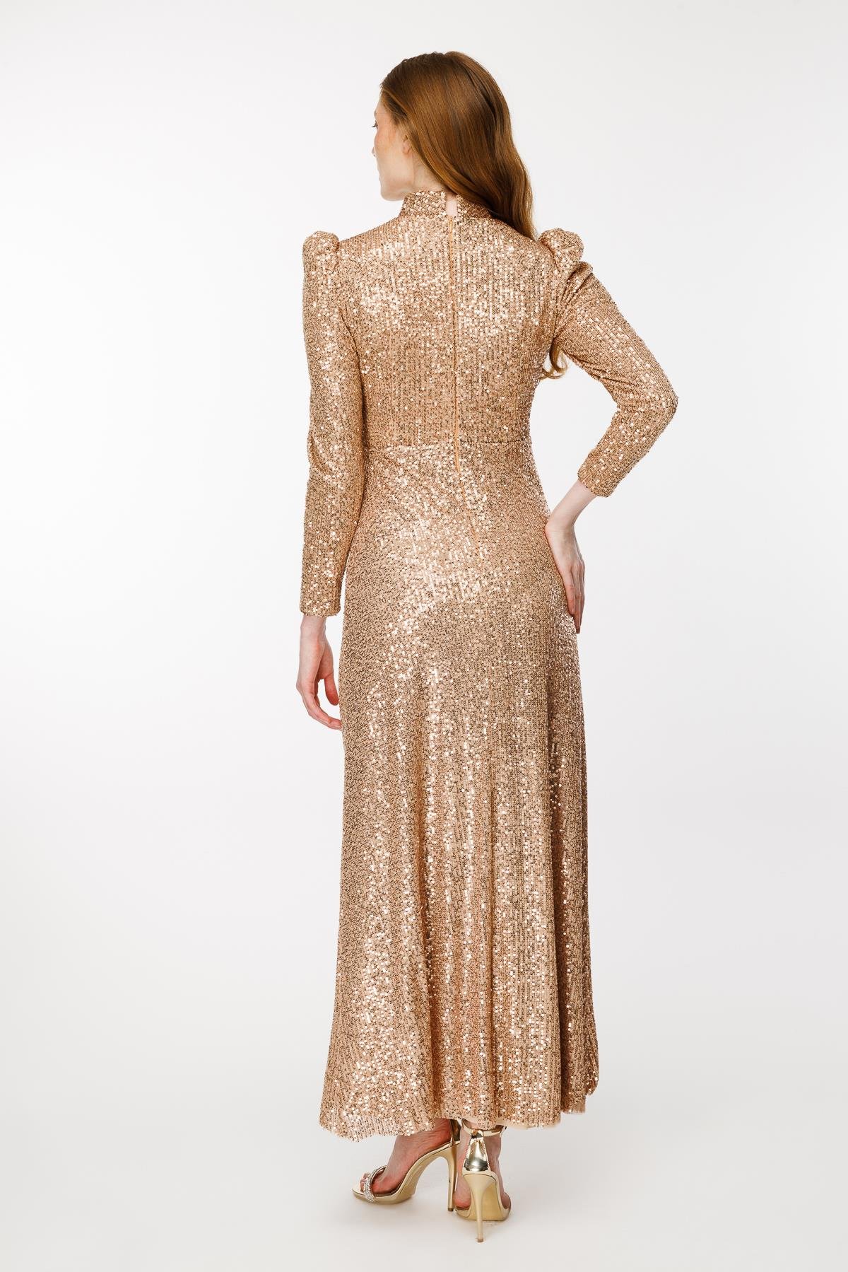 Pul İşlemeli Uzun Abiye - GOLD