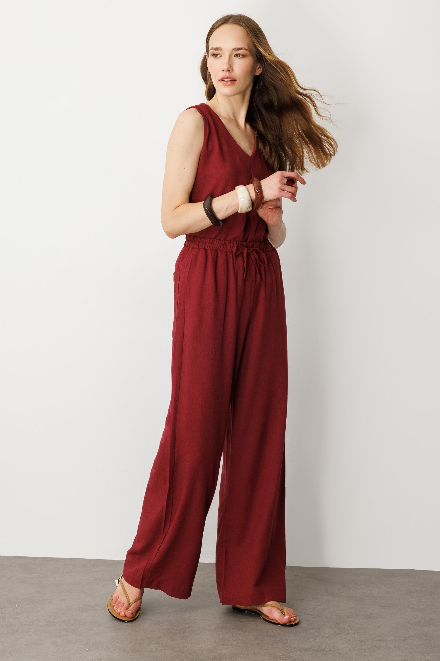 Rahat Kalıp Keten Pantolon-BORDO