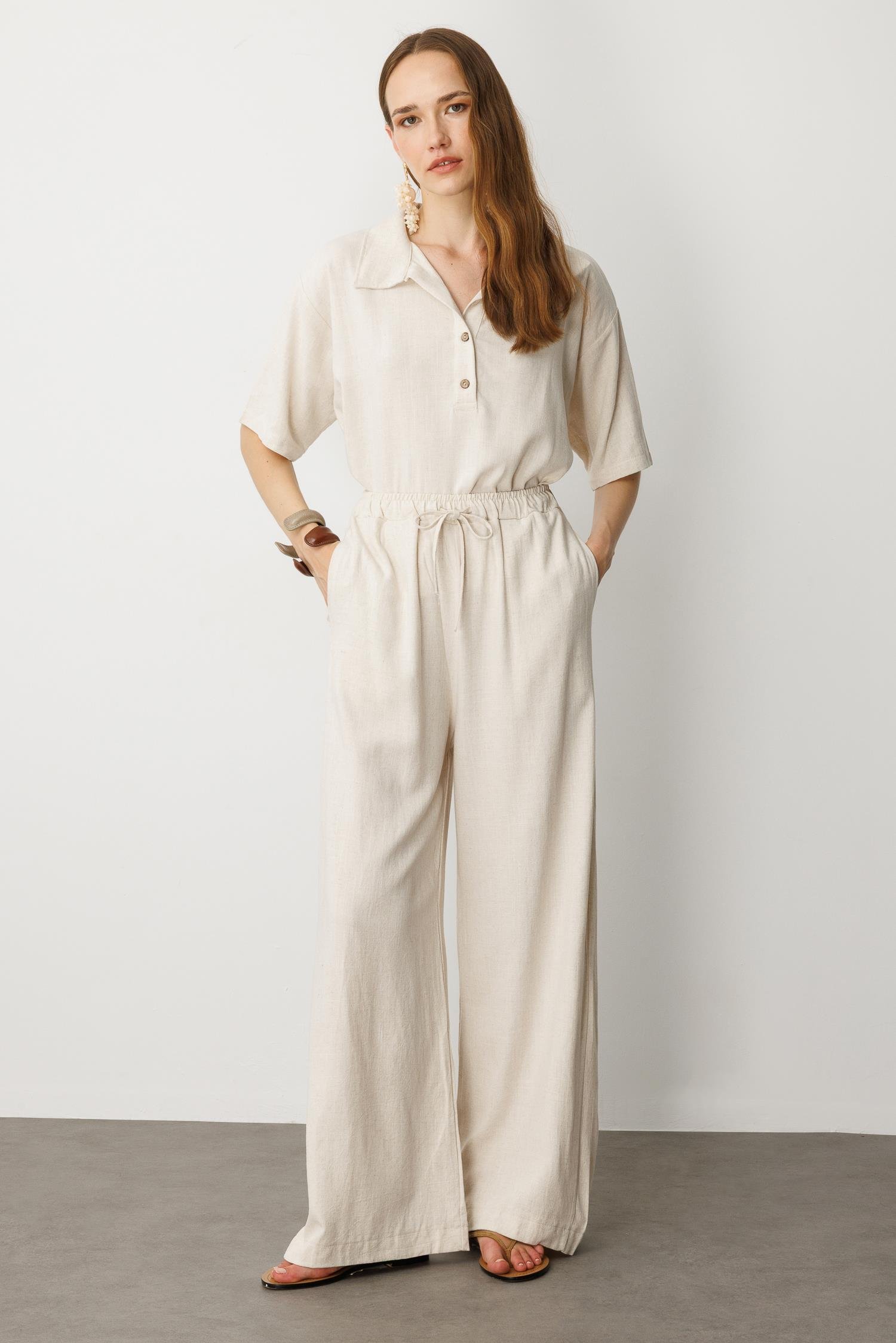 Rahat Kalıp Keten Pantolon-KREM